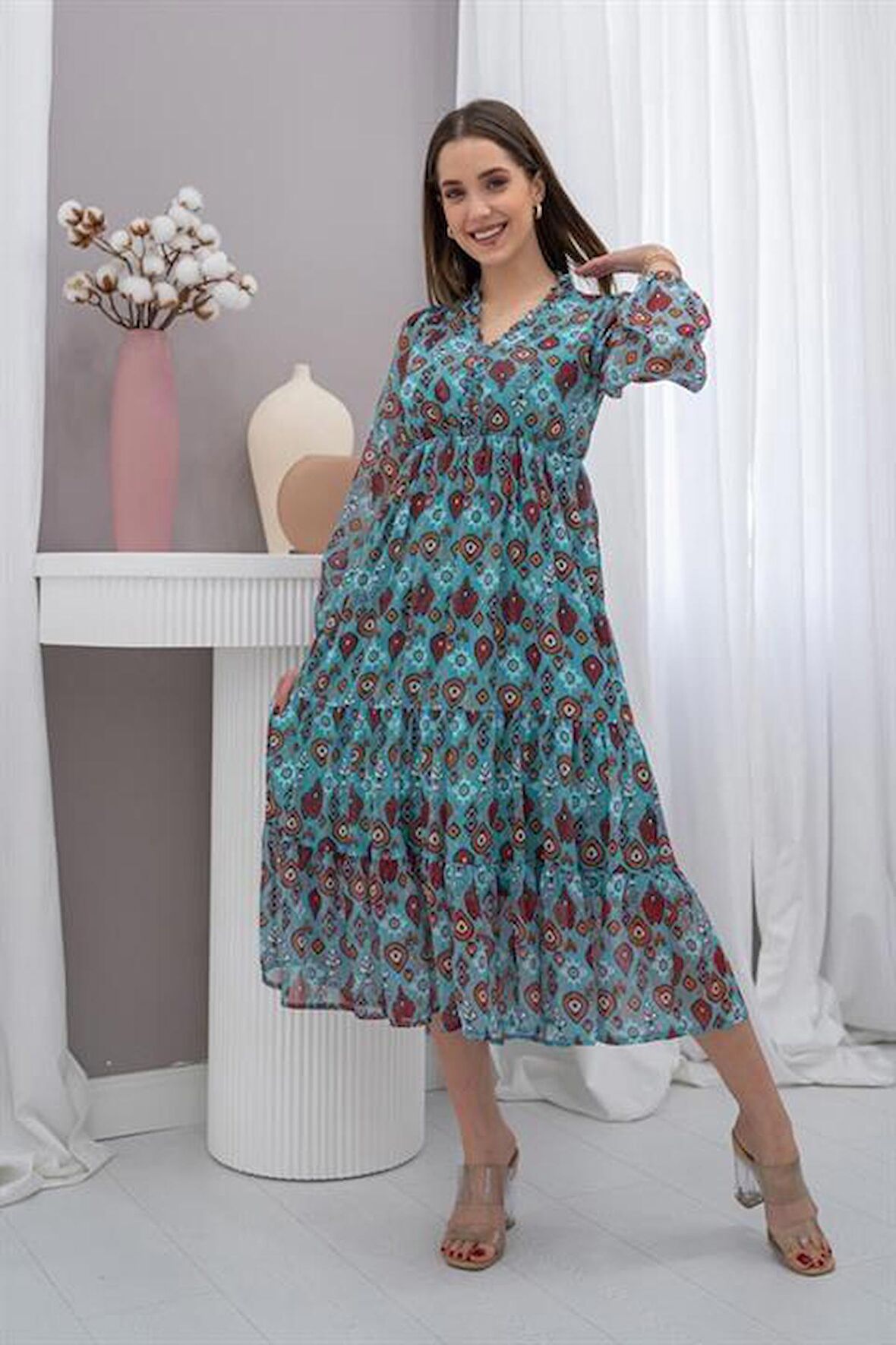 Desenli Şifon Elbise - Mint