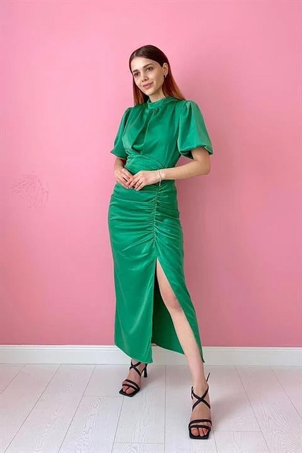 Büzgülü Saten Elbise - Yosun Yeşili