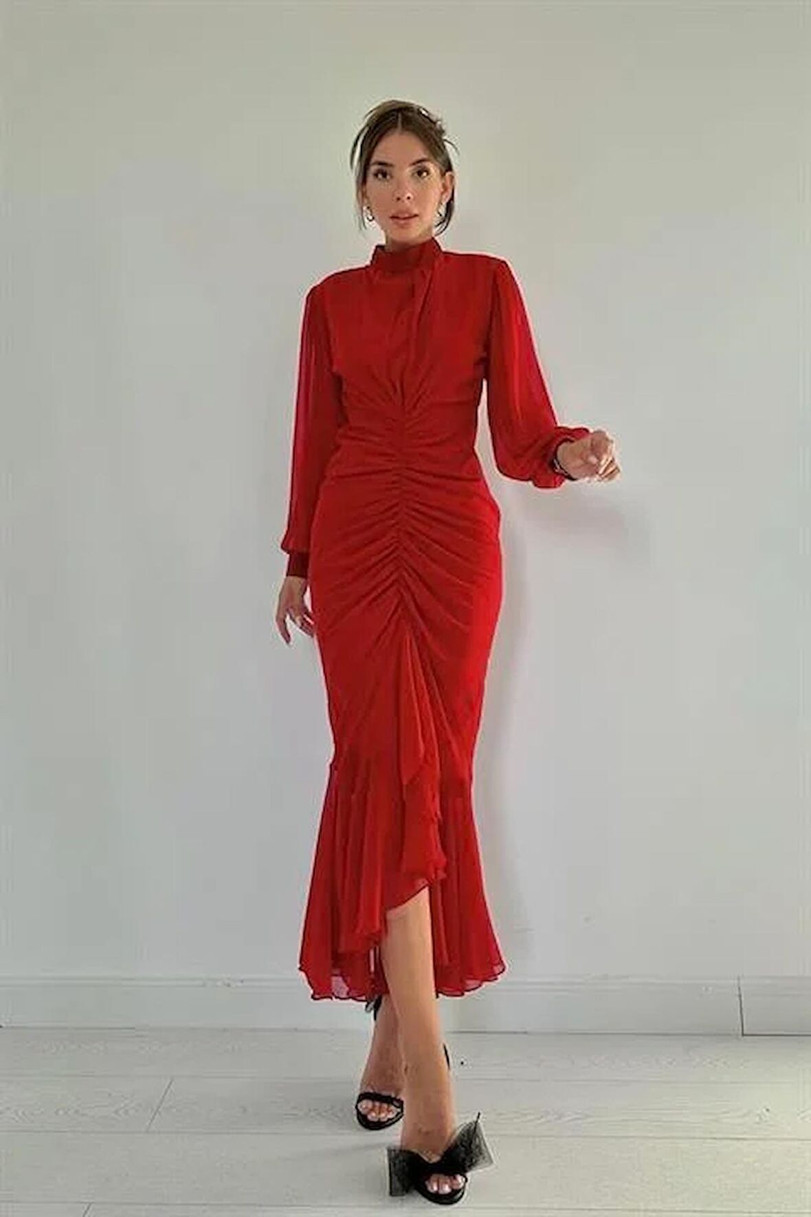Önü Büzgülü Şifon Elbise - Kırmızı