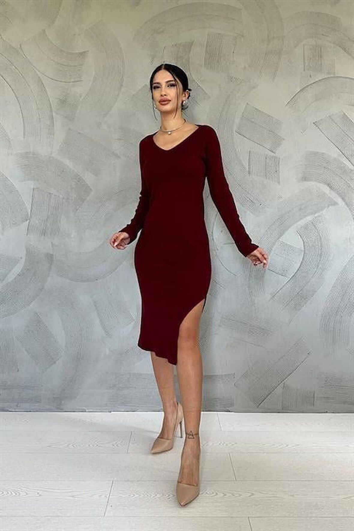 Eteği Yırtmaçlı Triko Elbise - Bordo