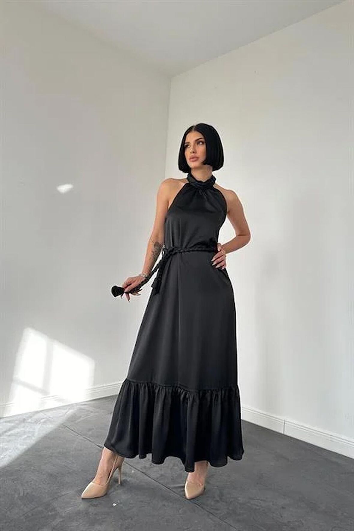 Halter Yaka Örgülü Elbise - Siyah