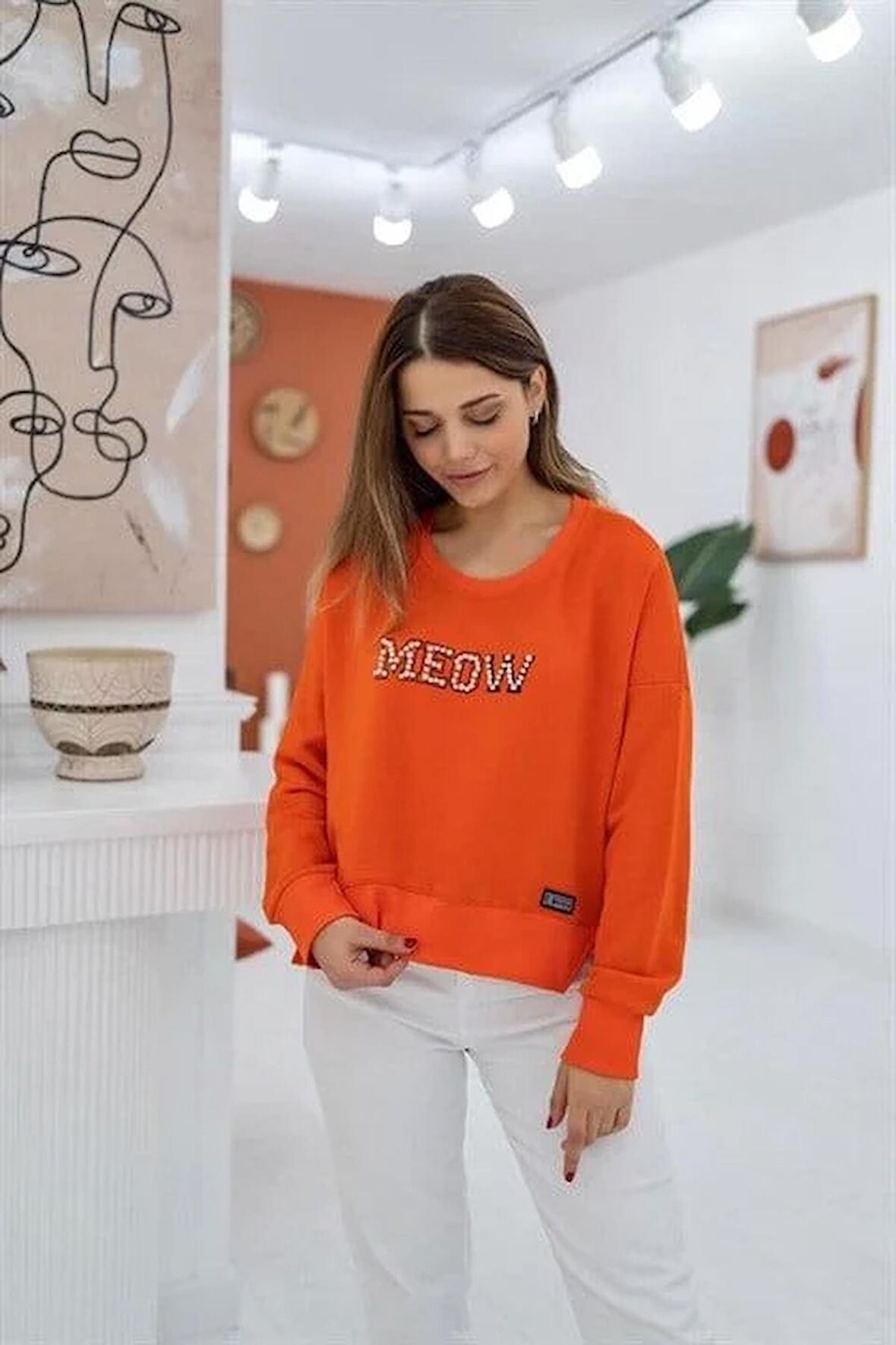 Baskılı Sweatshirt - Turuncu