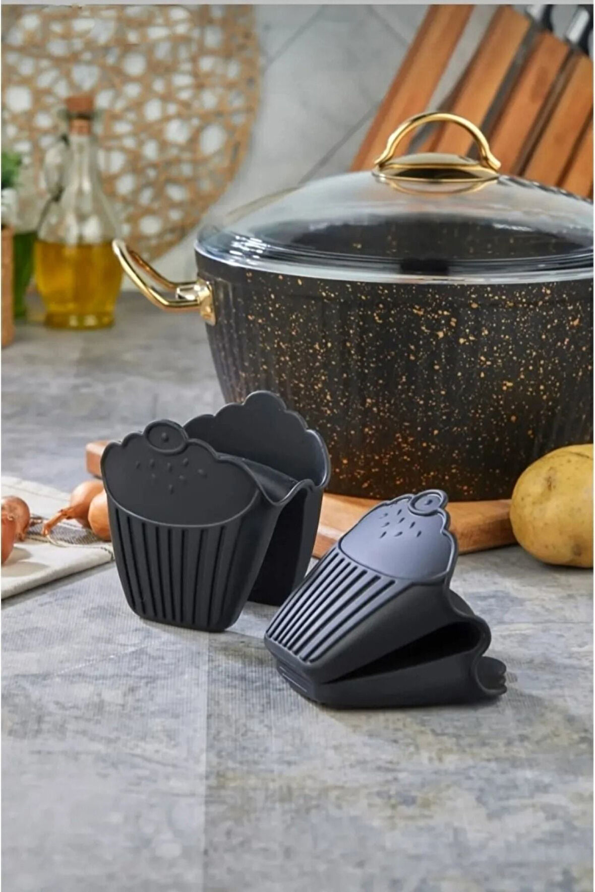 2 Adet ilikon Fırın Eldiveni Kaymaz Mikrodalga Fırın Tencere Tepsi Tutmaç Seti Siyah