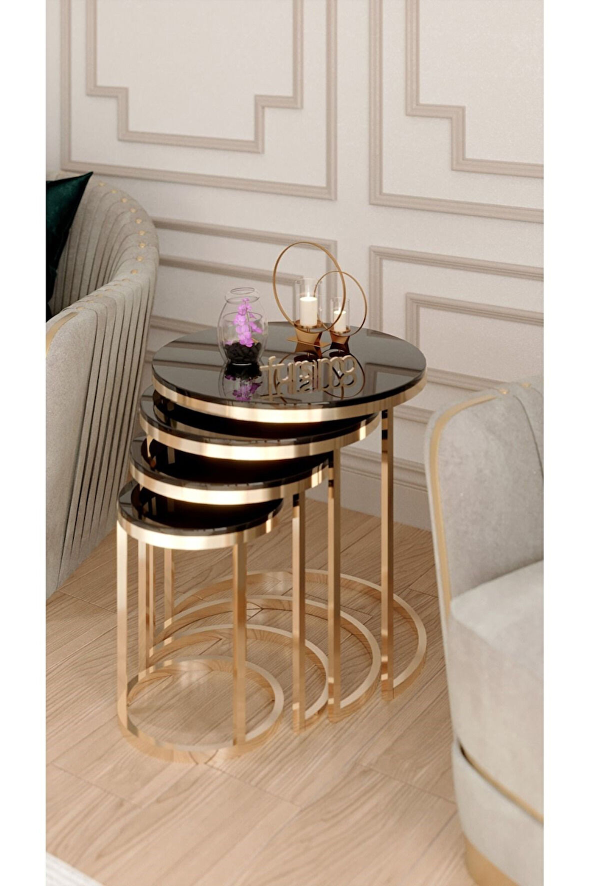 Elegante Serisi Gold Metal Ayaklı 4 lü Sehpa Seti Siyah Parlak MDF Tabla