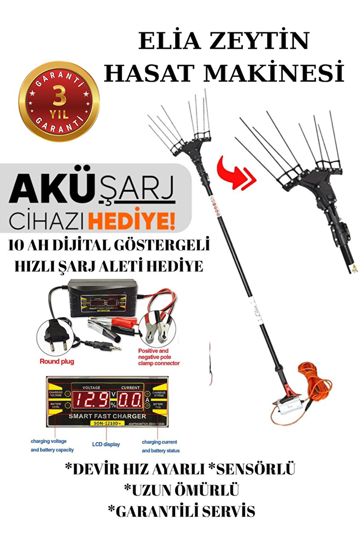 Elia Sensörlü ve Devir Ayarlı Zeytin Hasat Makinası Taraklı Şarj Aleti Hediyeli