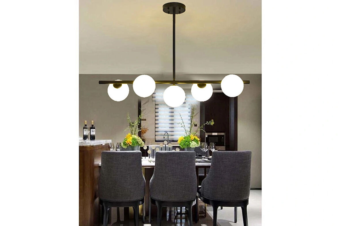 AYÇA SIRALI BEŞLİ BEYAZ CAMLI SİYAH KASALI AVİZE