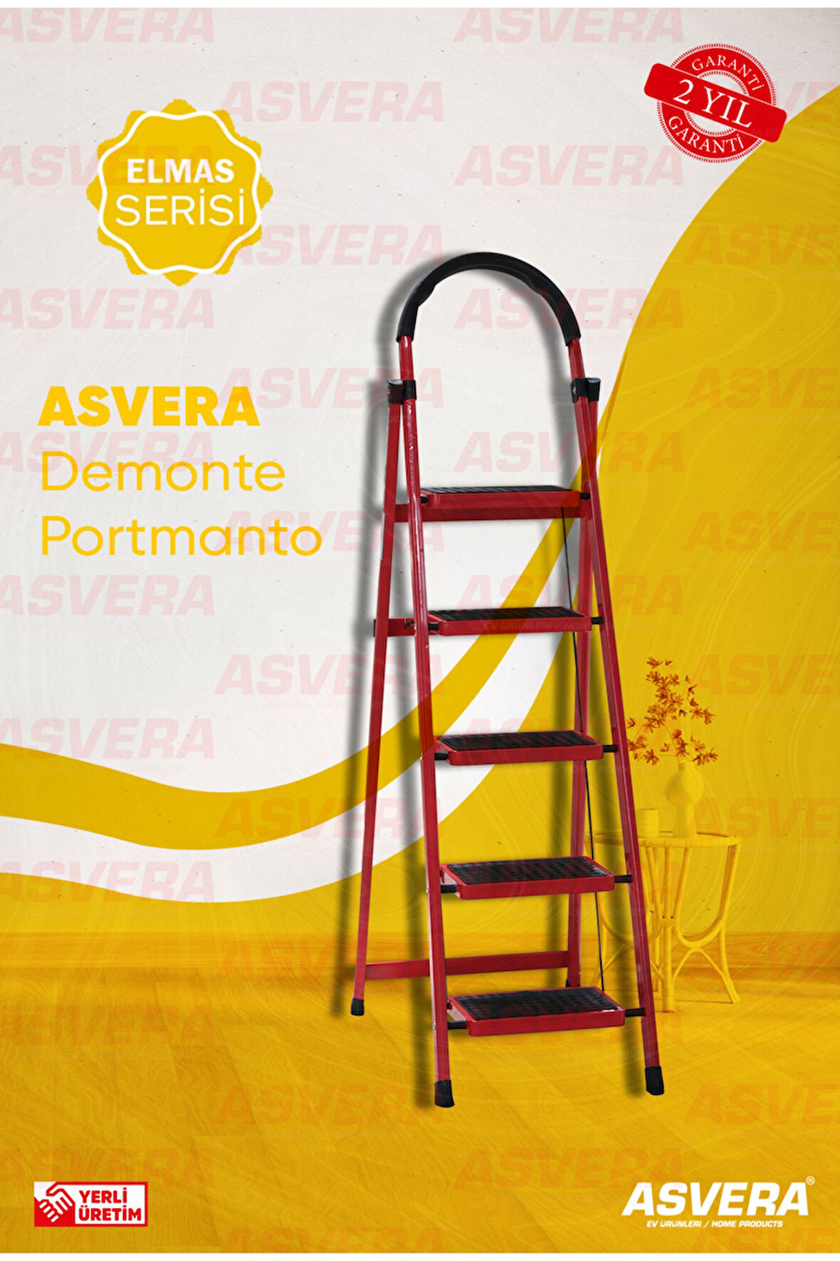 Elmas Serisi Carnaval 5’li Ev Tipi Katlanır Merdiven – Kırmızı, Kaymaz, Hafif, Dayanıklı