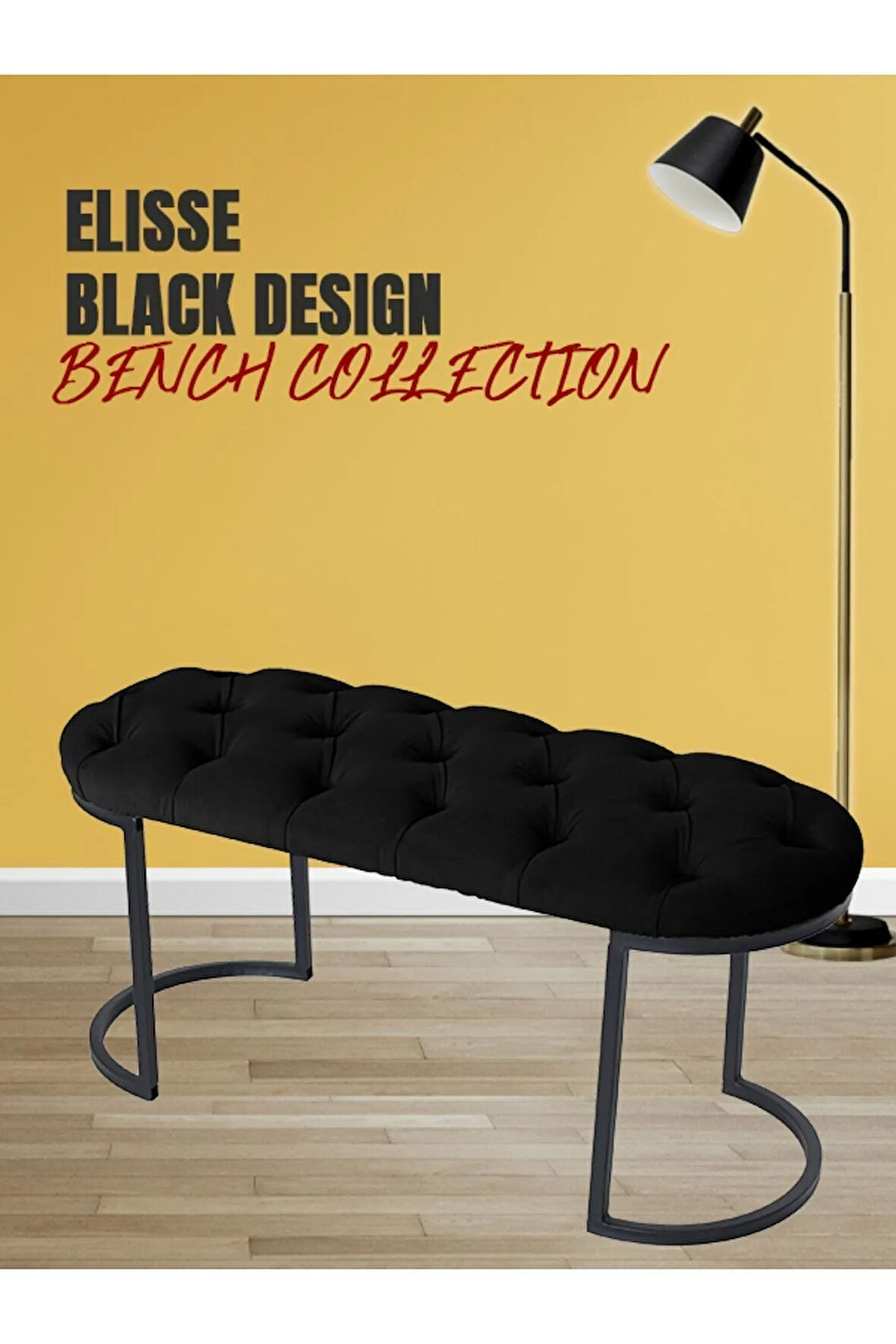Elisse Siyah Puf Metal Ayaklı Kapitoneli Model Oval Bench