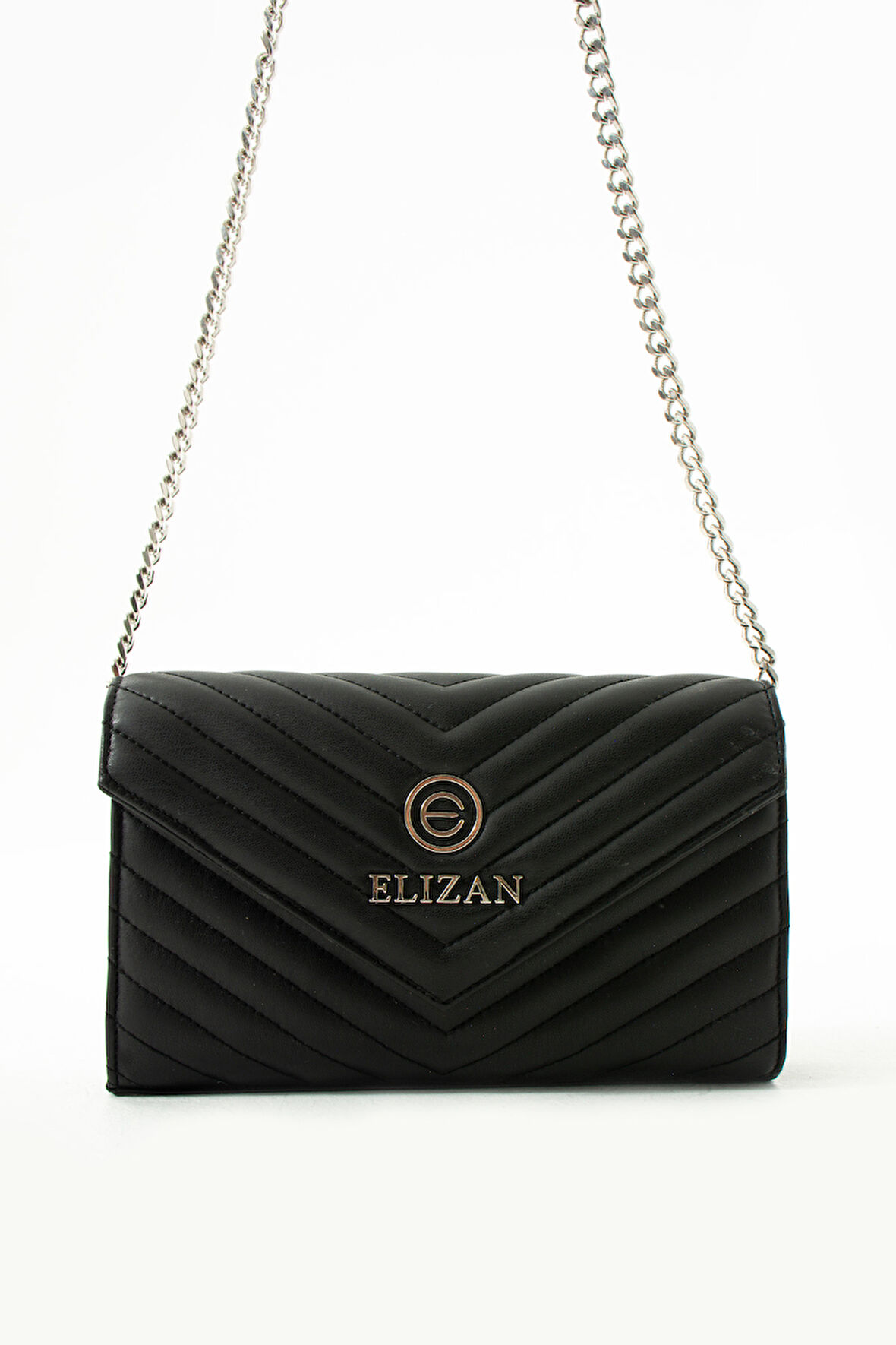 Elizan Zincirli V Desen Modern Siyah Çapraz Kadın Çantası 