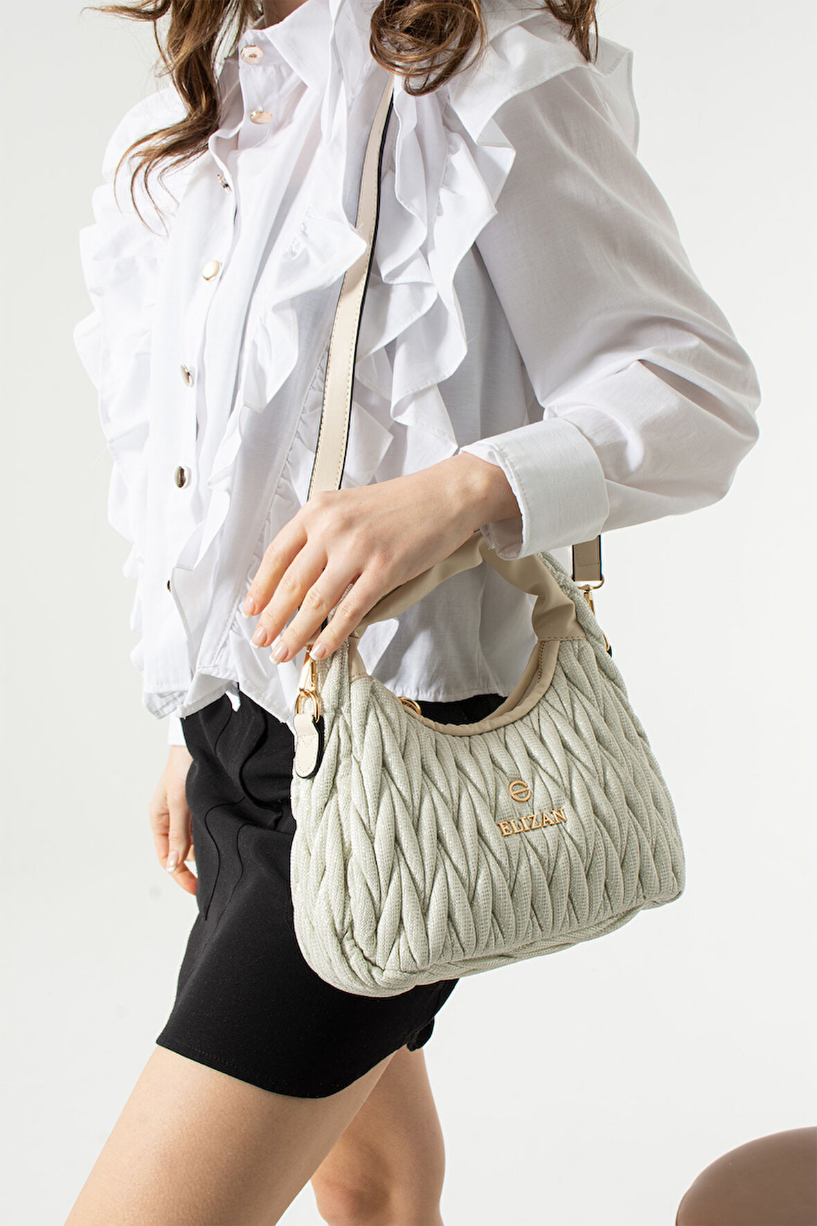 Elizan Nakışlı Modern Tasarım Beyaz Simli Çapraz Kadın Çantası