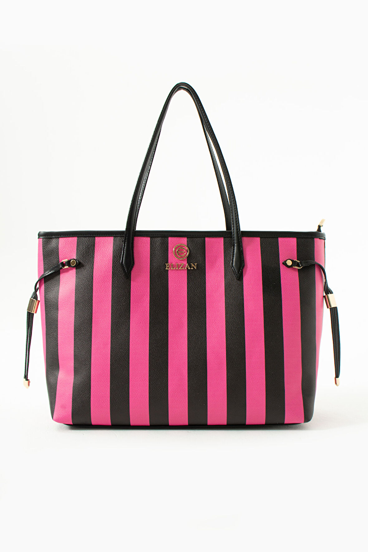 Elizan Geniş İç Hacimli Fuşya/Siyah Çizgili Shopping Kadın Omuz Çantası