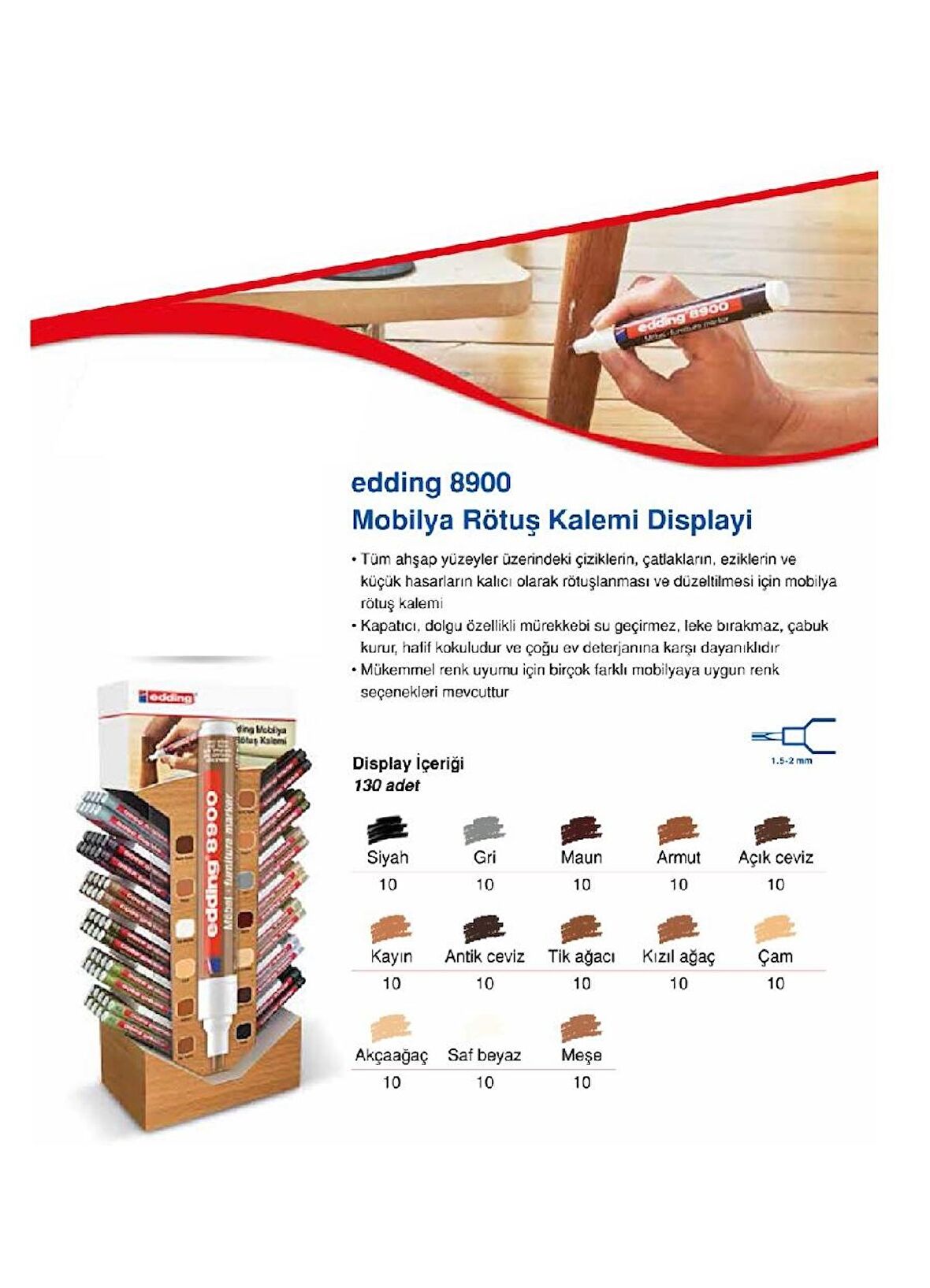 EDDİNG 8900 MOBİLYA RÖTUŞ KALEMİ 130'LU STAND