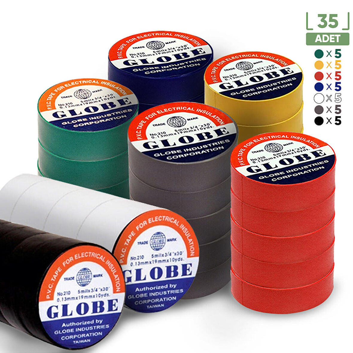 GLOBE PVC ELEKTRİK İZOLASYON BANT  "0.13x19x10Yrds"  (35'li HER RENK 5 ADET)