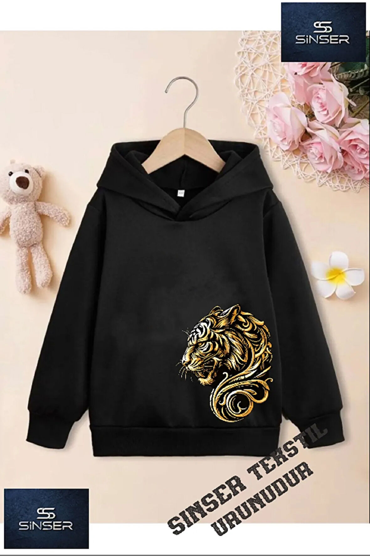 Kız/Erkek Çocuk Beyaz Kapüşonlu ''YANDAN KAPLANXX'' Baskılı Sweatshirt