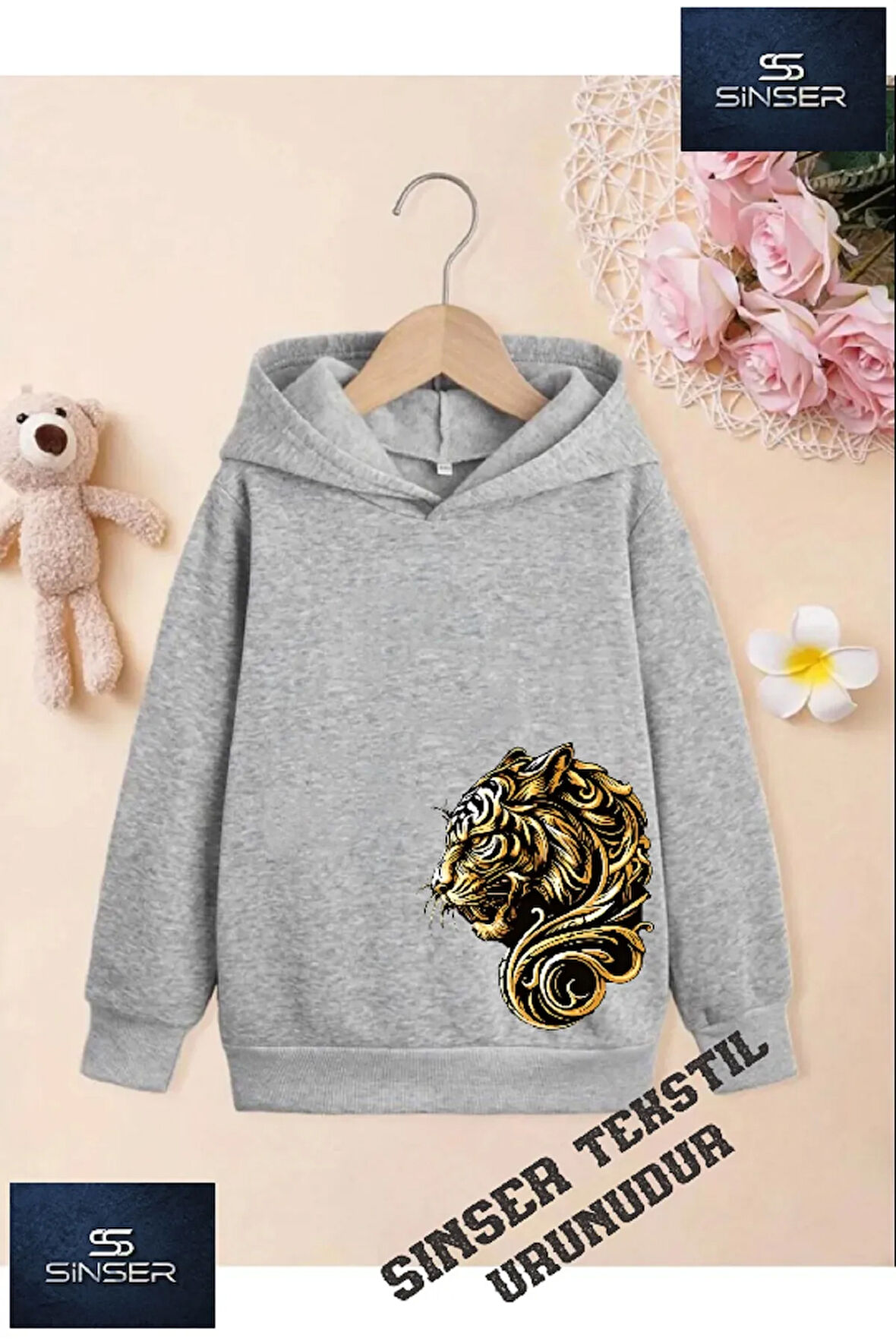 Kız/Erkek Çocuk Beyaz Kapüşonlu ''YANDAN KAPLANXX'' Baskılı Sweatshirt