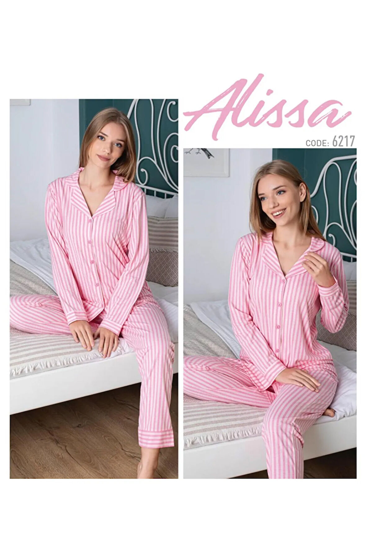 Pembe Çizgili Onden Dugmeli Pijama Takımı