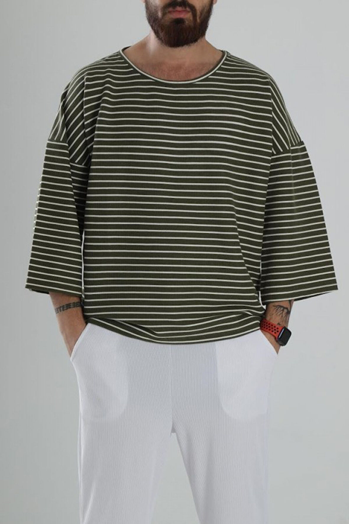 Yan Çizgi Yeşil Fakir Kol t-shirt