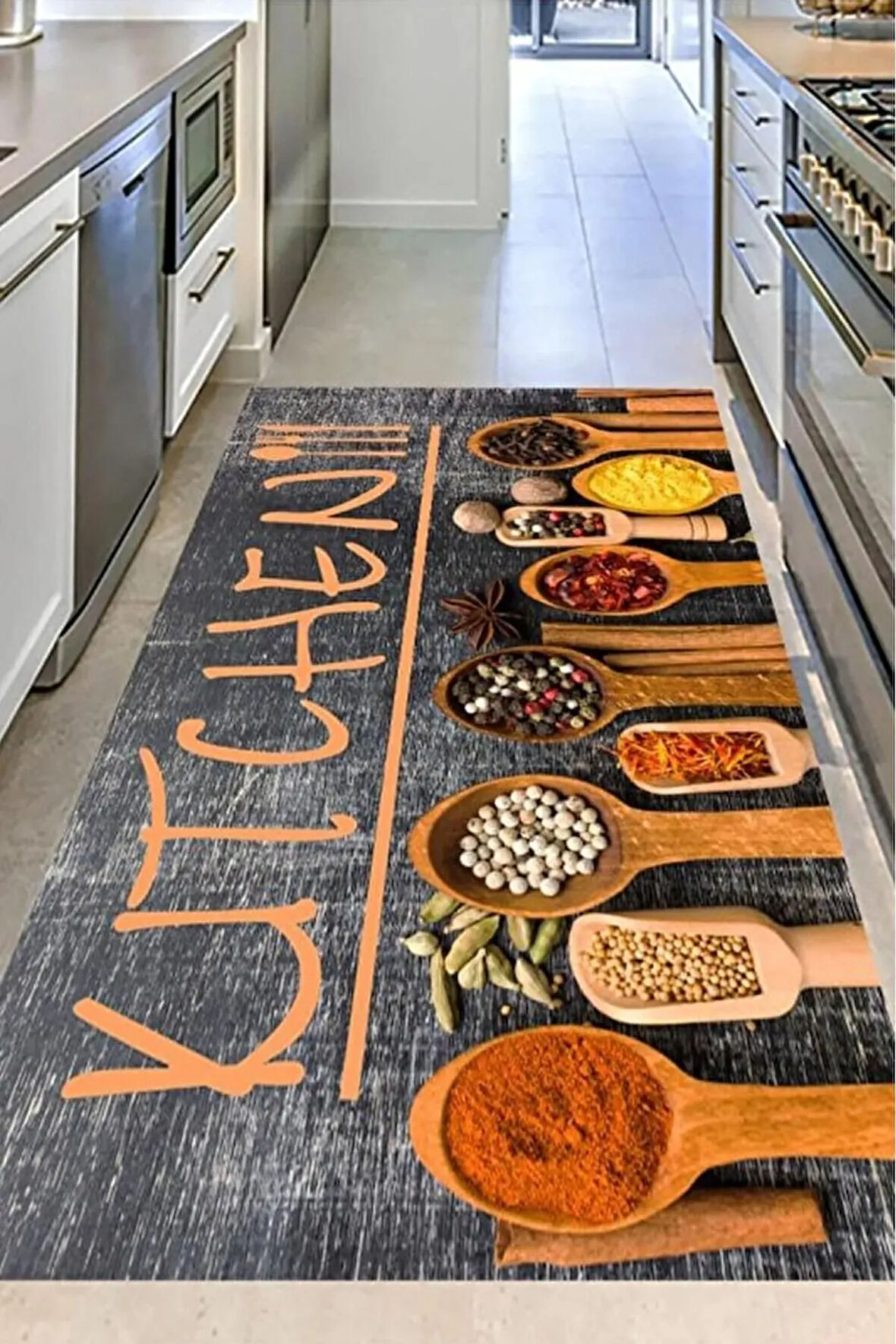 Kitchen Desenli Dijital Baskı Yıkanabilir Pamuk Taban Mutfak Halısı