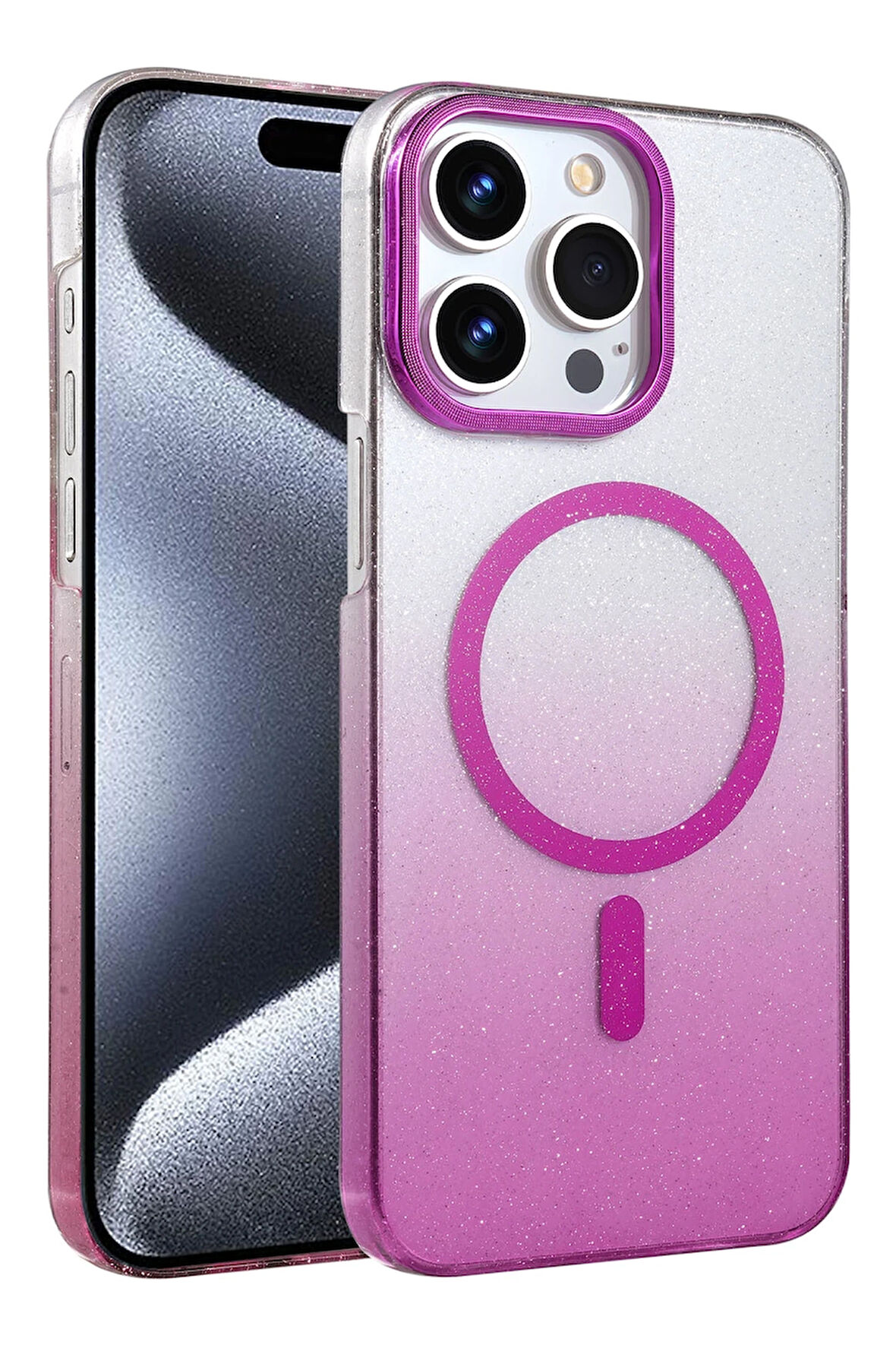 Teleplus iPhone 15 Pro Max Kılıf Simli Shinys Glossy Manyetik Şarjlı Kapak