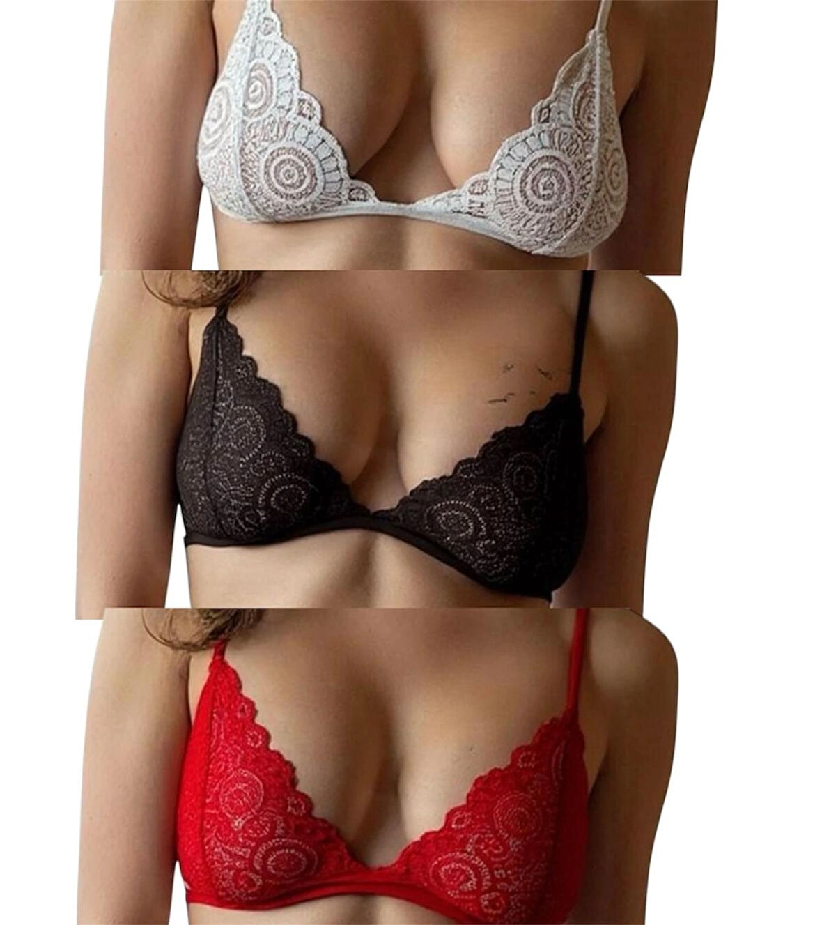Romantik Serisi Dantelli Bralet Sütyen 3lü Set Büyük Bedenli
