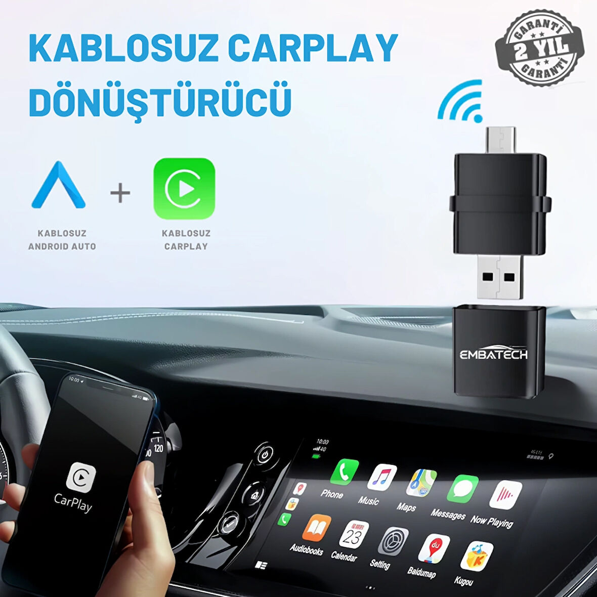 Embatech Araç Içi 2in1 Android ve Apple Cihazlar Için Kablosuz Android Auto ve Carplay Adaptörü (EMT-006)