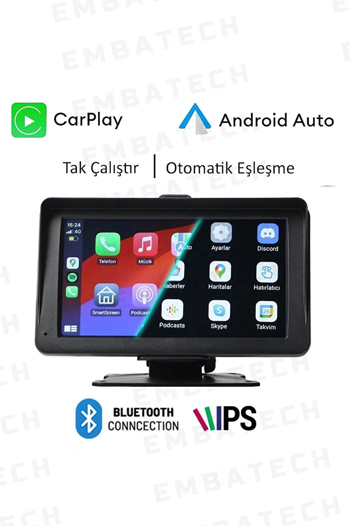 Embatech 7 İnç Tak Çalıştır Kablosuz Carplay Ve Android Auto Oto Multimedya Araç Ekran