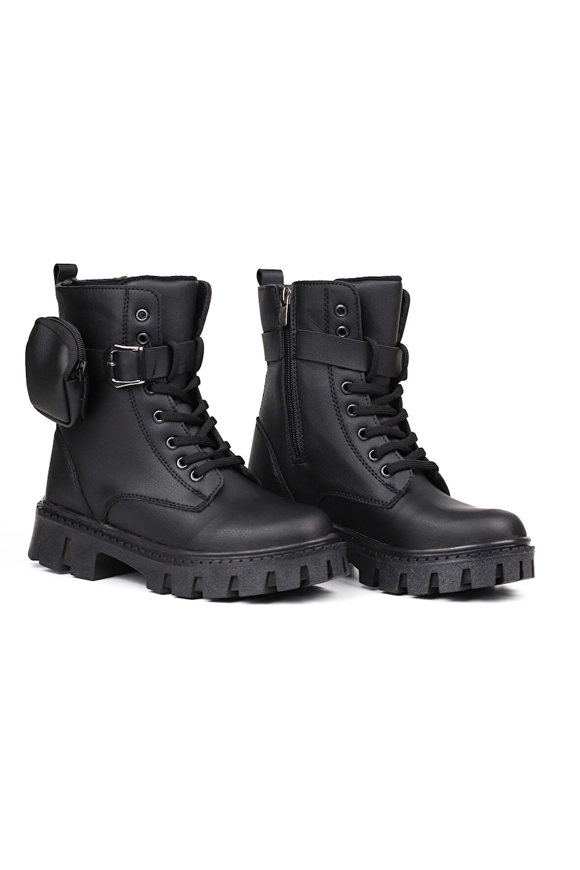 Kadın Siyah Postal Bot – Cüzdanlı Kalın Taban Fermuarlı Bağcıklı Tokalı Rahat Günlük Şık ve Dayanıklı