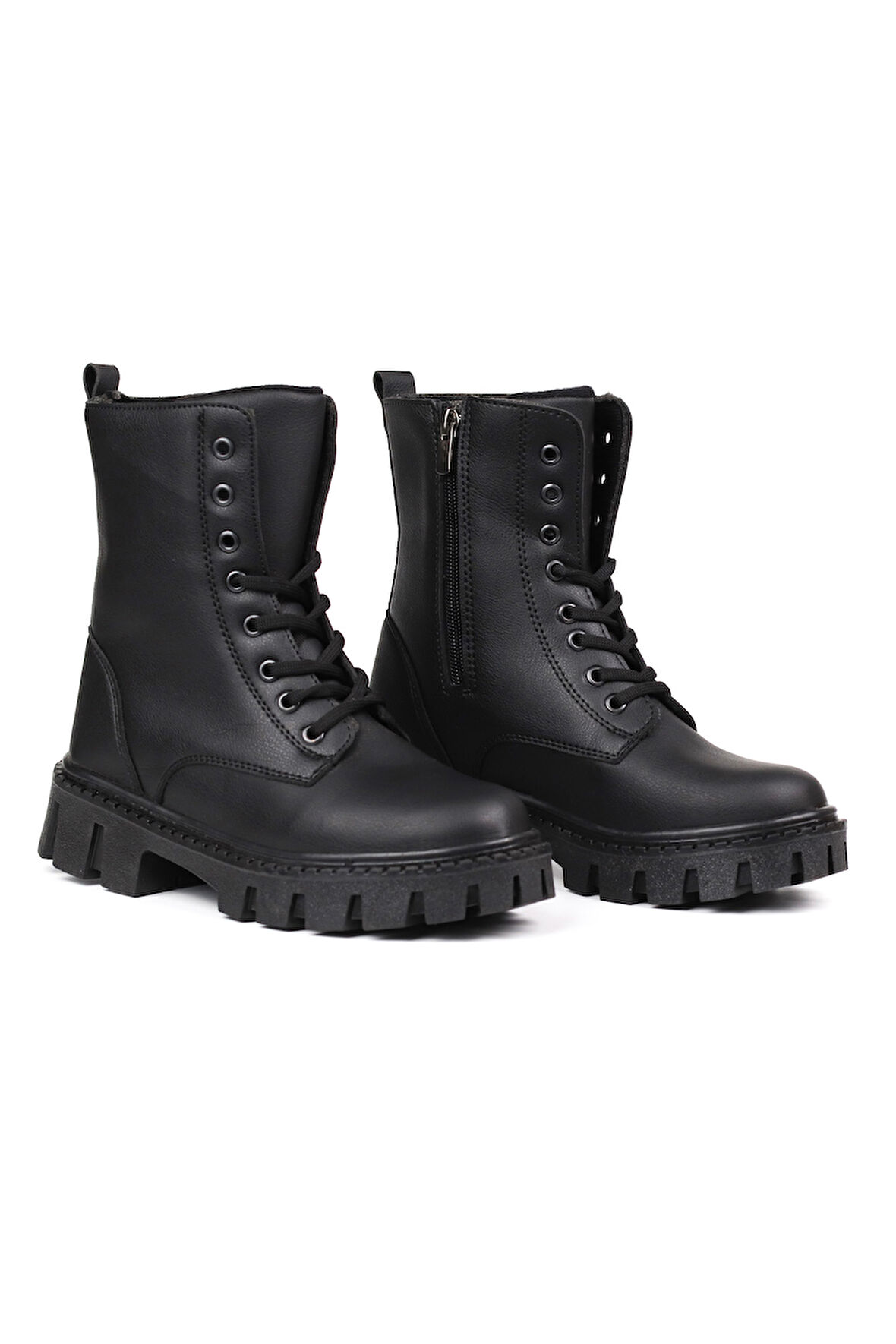 Kadın Siyah Postal Bot – Kalın Taban Fermuarlı Bağcıklı Rahat Günlük Şık ve Dayanıklı