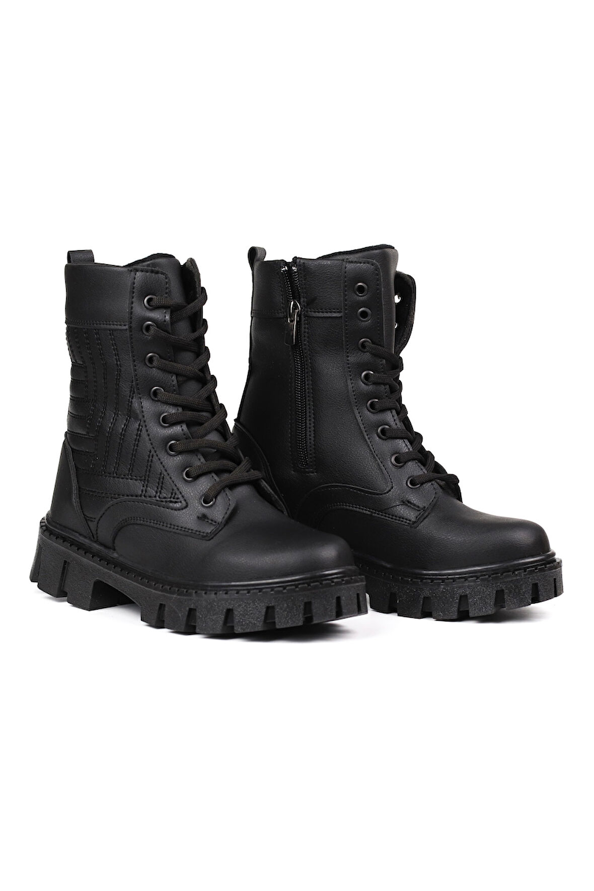 Kadın Siyah Postal Bot – Kalın Taban Fermuarlı Bağcıklı Rahat Günlük Şık ve Dayanıklı