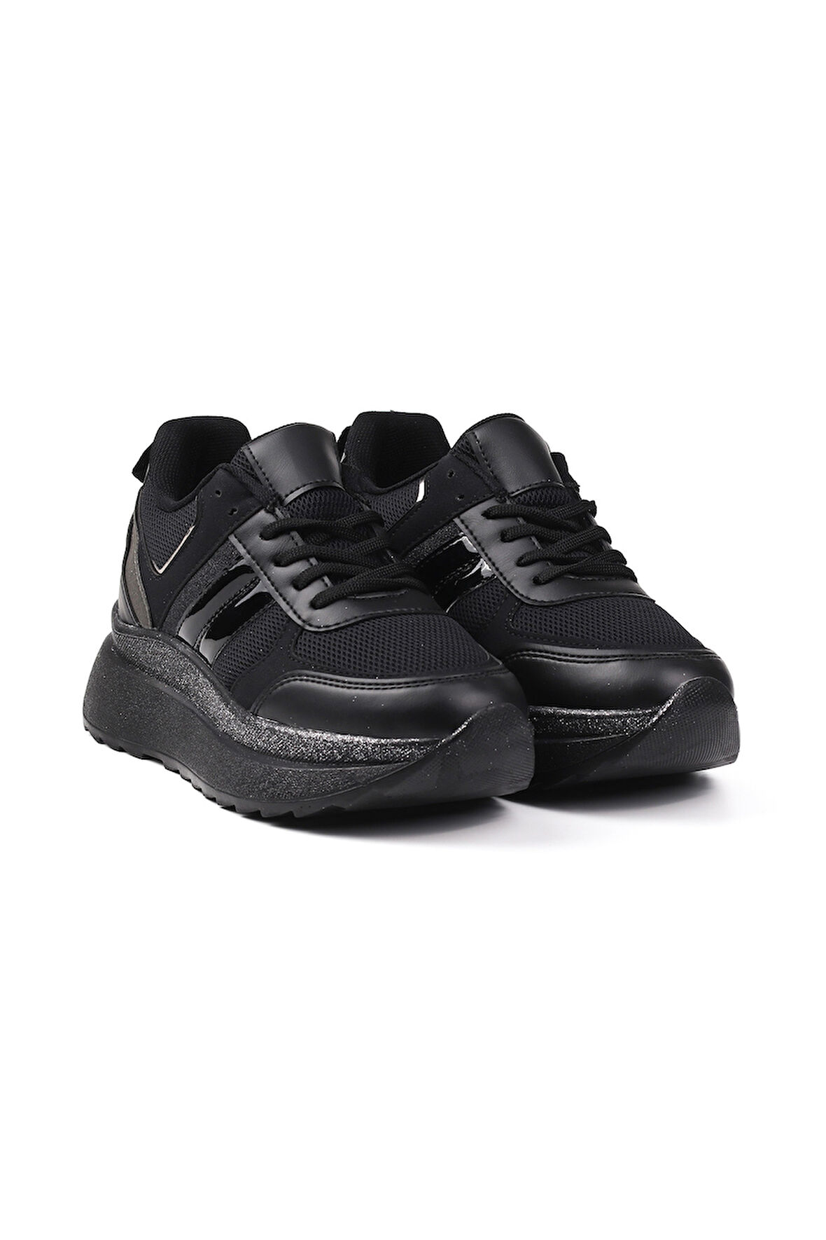 Kadın Siyah Simli Sneaker Hafif Ortopedik Günlük Spor Ayakkabı