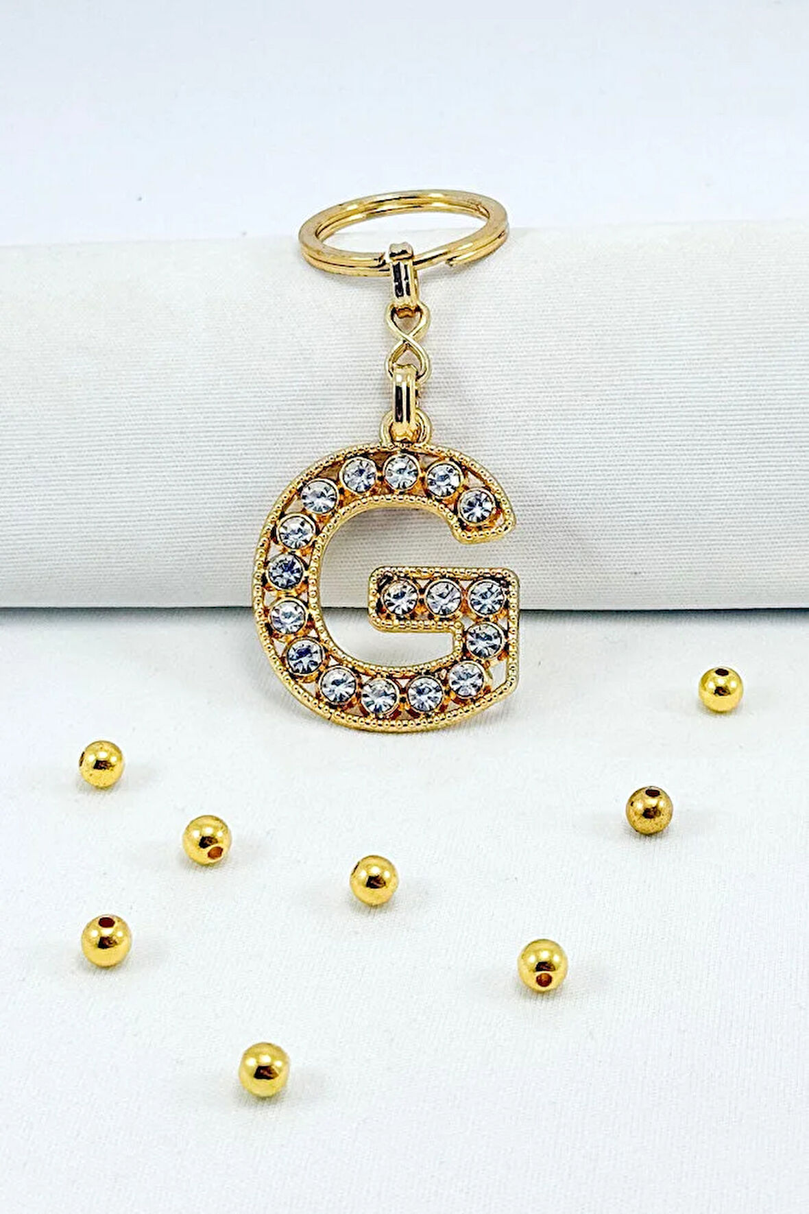 Gold Renkli Parlak Taşlı G Harfi Anahtarlık, Hediyelik Harfli Anahtarlık