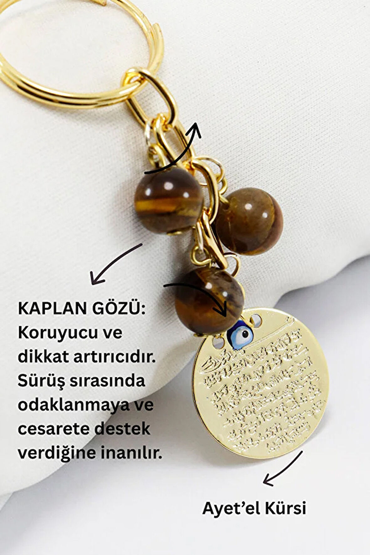 Doğal Taşlı Metal Ayetel Kürsi Dualı Anahtarlık, Kaplan Gözü Boncuklu Çanta Süsü