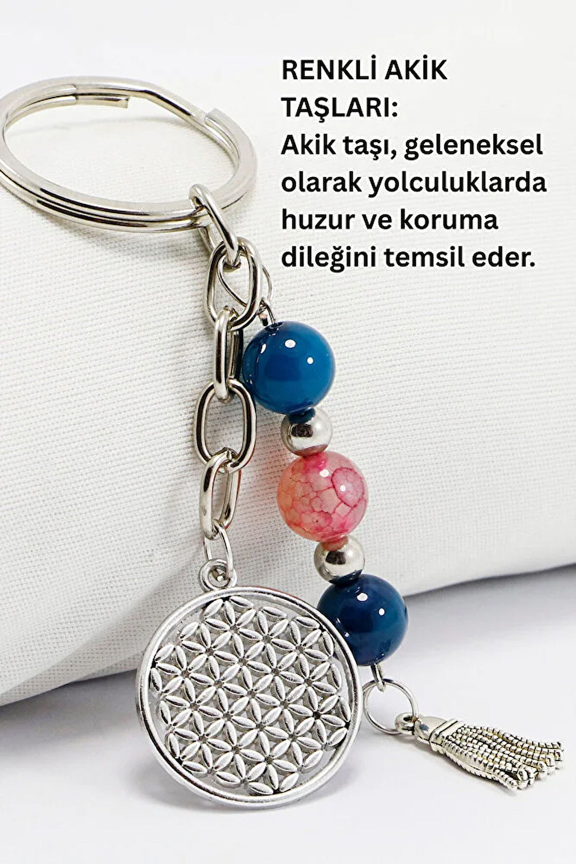 Doğal Taşlı Gümüş Renkli Metal Yaşam Çiçeği Anahtarlık, Renkli Akik Taşlı Araba Hediyesi
