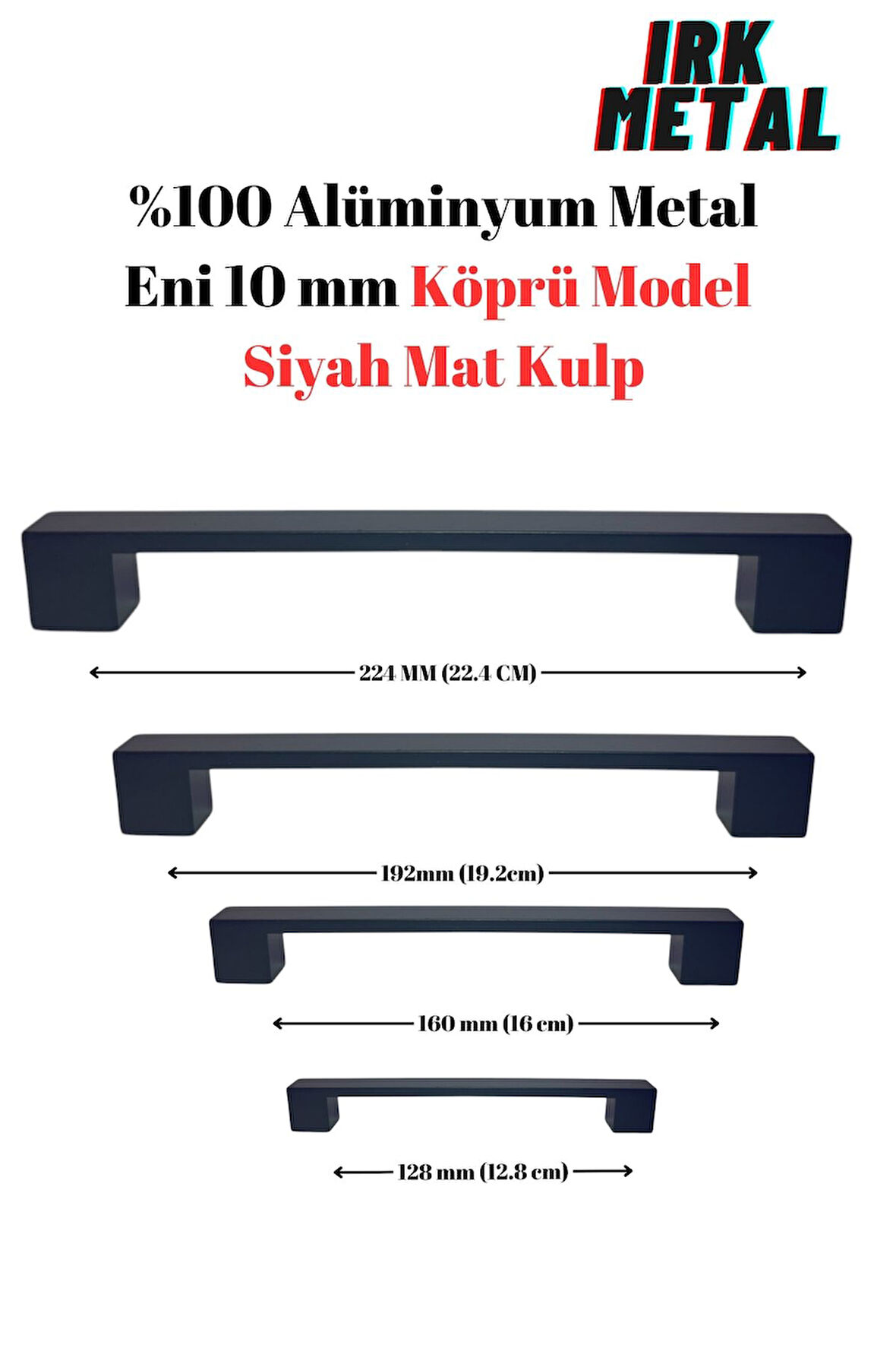 %100 Alüminyum Metal.Mobilya Mutfak Çekmece Kapak Kulbu.Eni 10 mm Köprü Model  160mm-Siyah