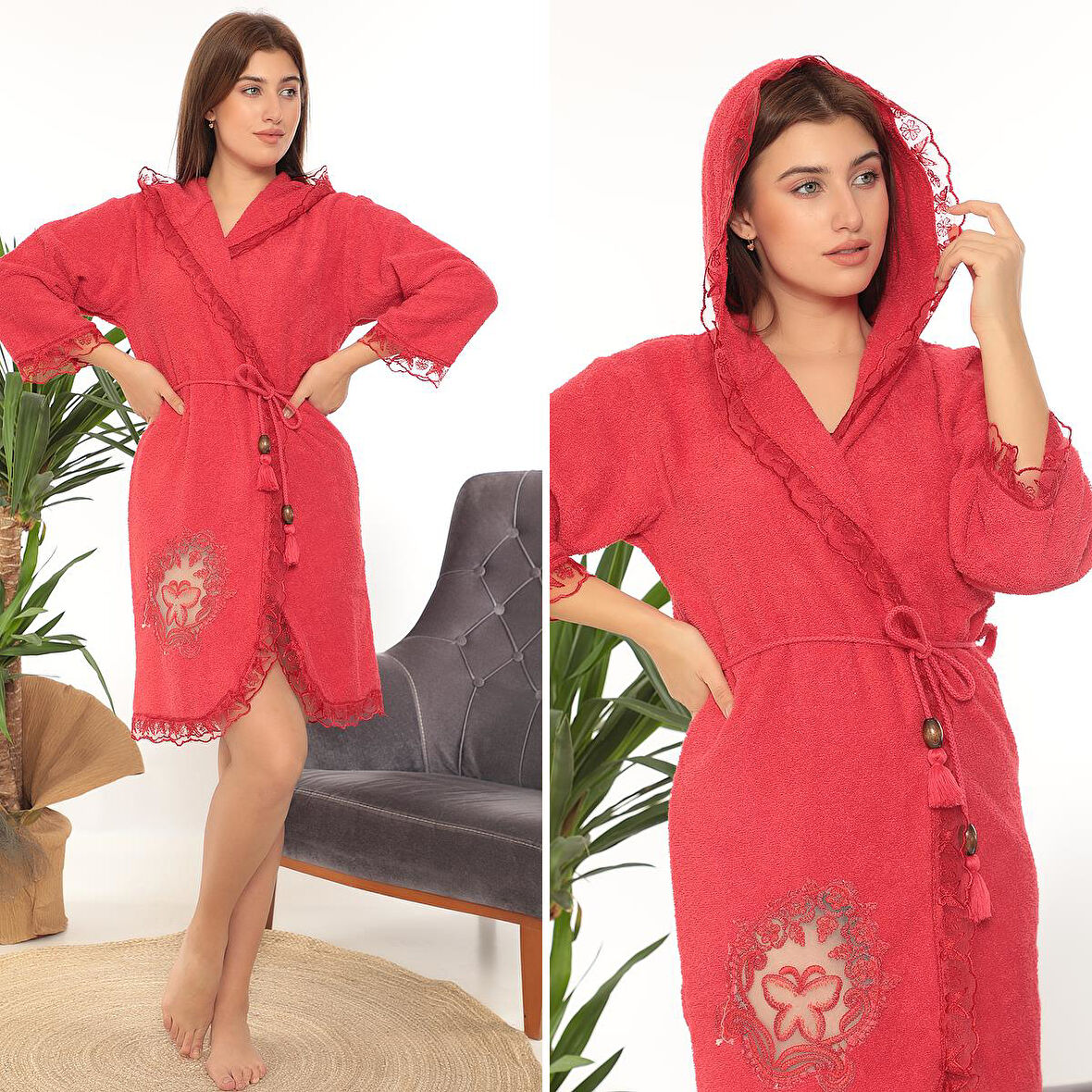 Kelebek Gelin Bornoz Seti 5 Parça Dantelli Çeyiz Kadın Bornoz Set