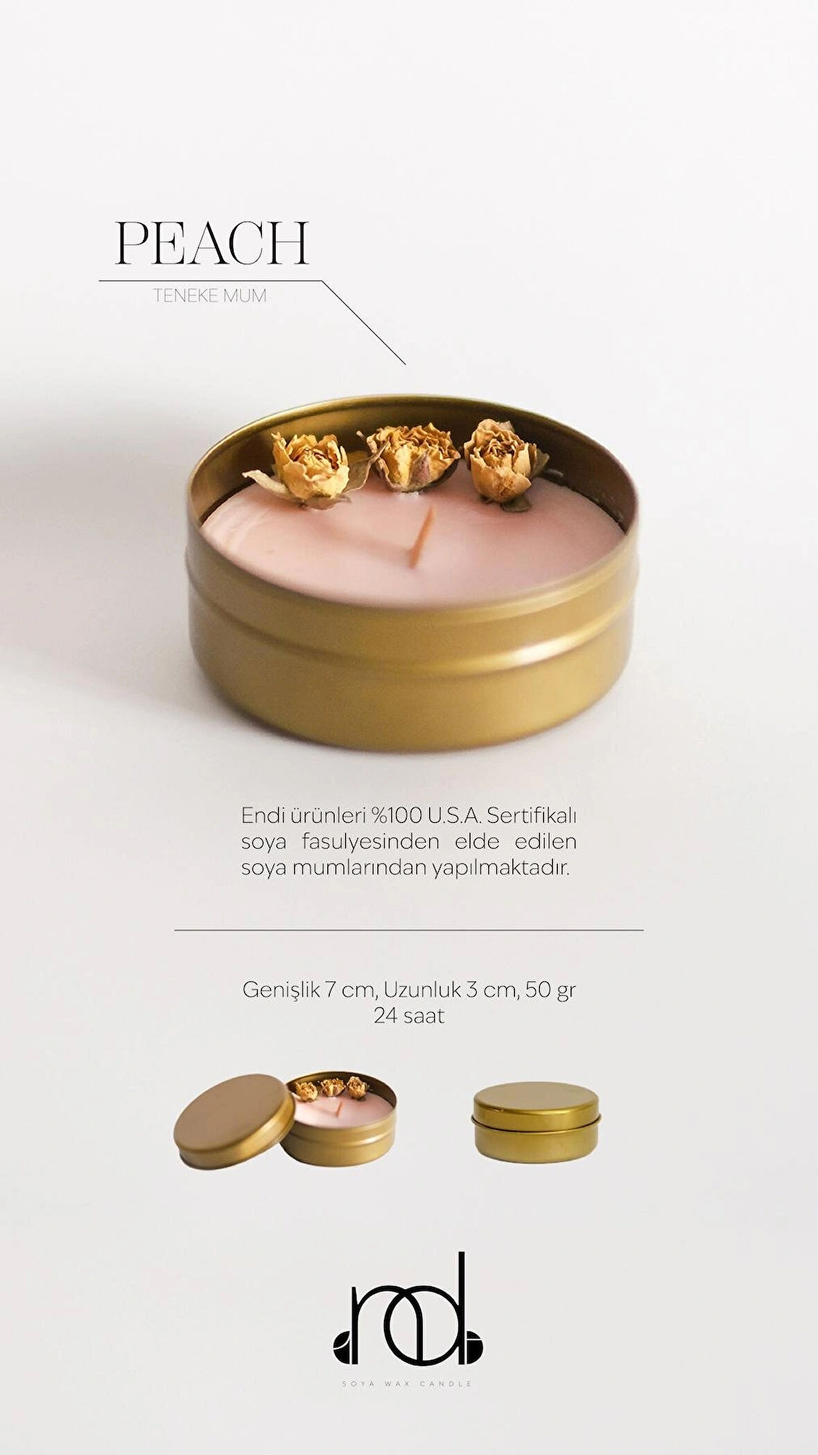 %100 Doğal Soya Wax Ve Doğal Uçucu Yağlı Aromaterapi Hediyelik Teneke Mum ''PEACH''