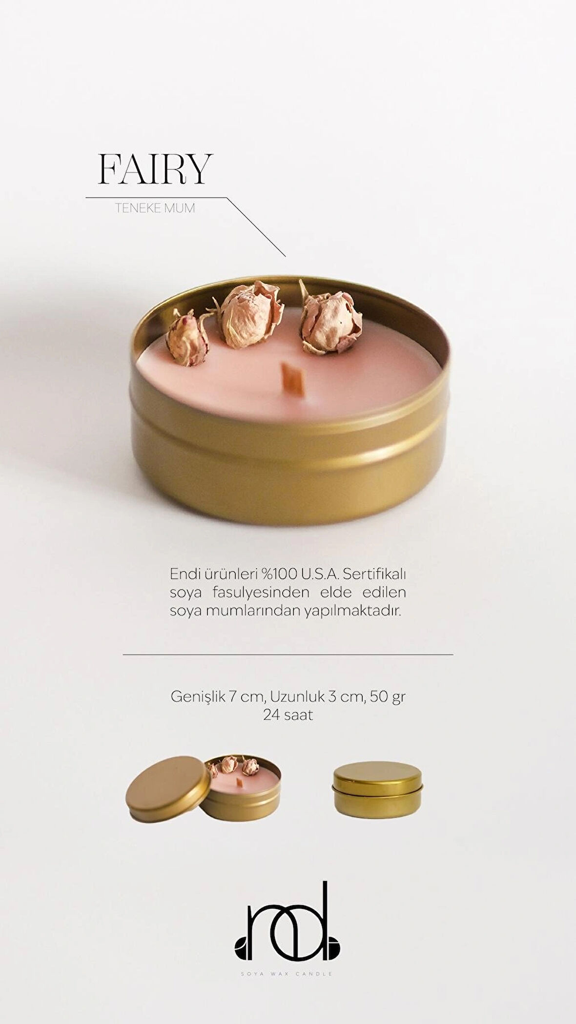 %100 Doğal Soya Wax Ve Doğal Uçucu Yağlı Aromaterapi Hediyelik Teneke Mum ''FAIRY''