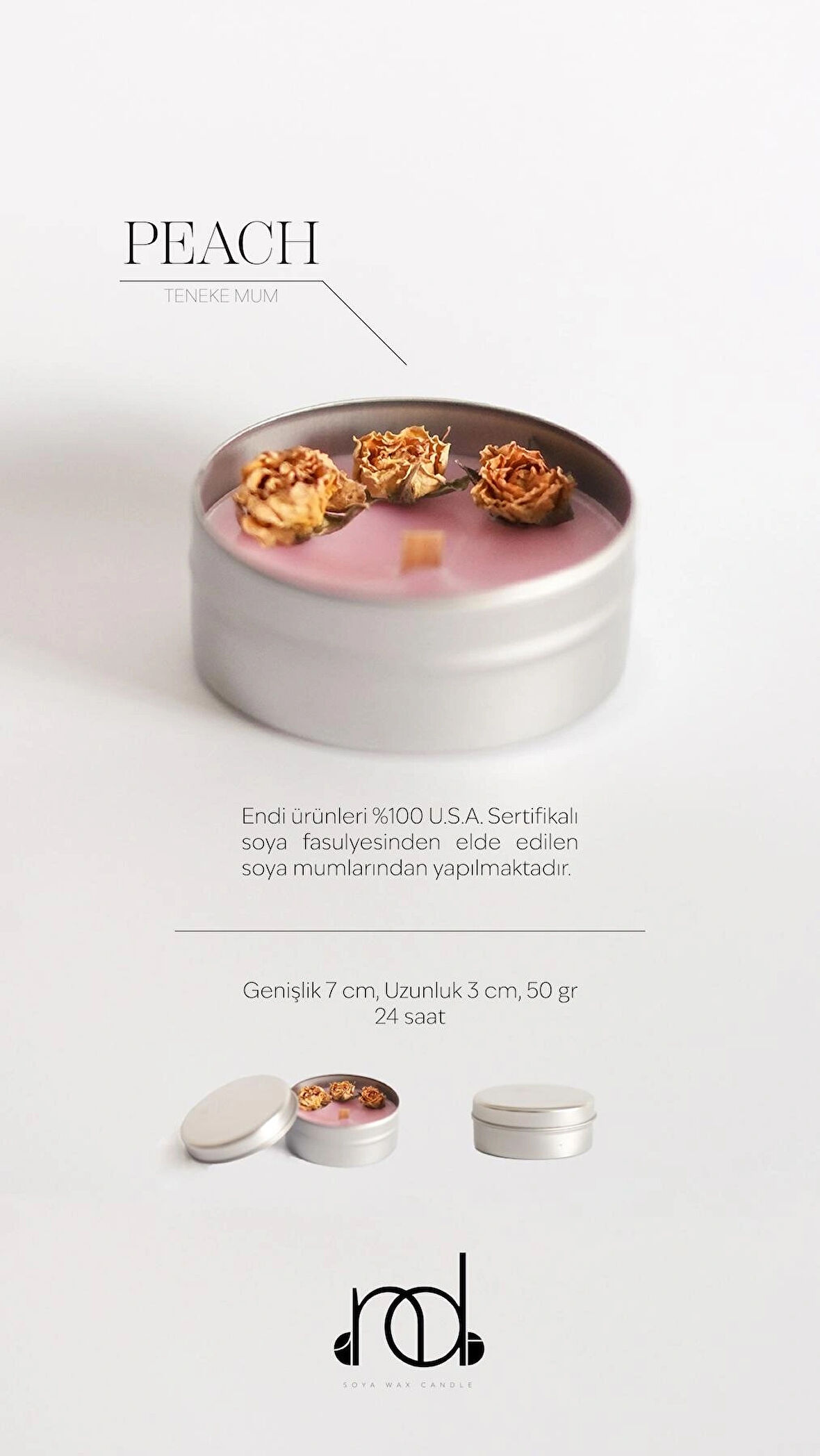 %100 Doğal Soya Wax Ve Doğal Uçucu Yağlı Aromaterapi Hediyelik Teneke Mum ''PEACH''