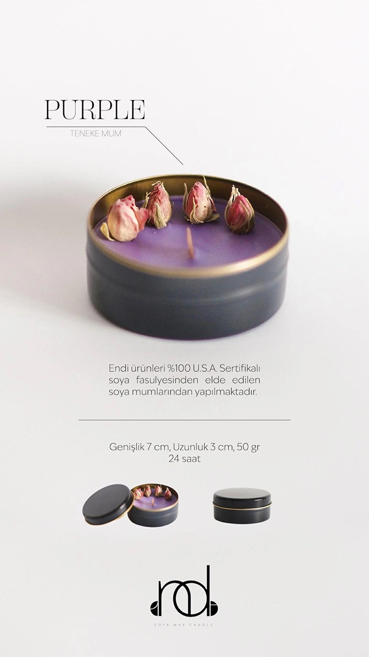 %100 Doğal Soya Wax Ve Doğal Uçucu Yağlı Aromaterapi Hediyelik Teneke Mum ''PURPLE''