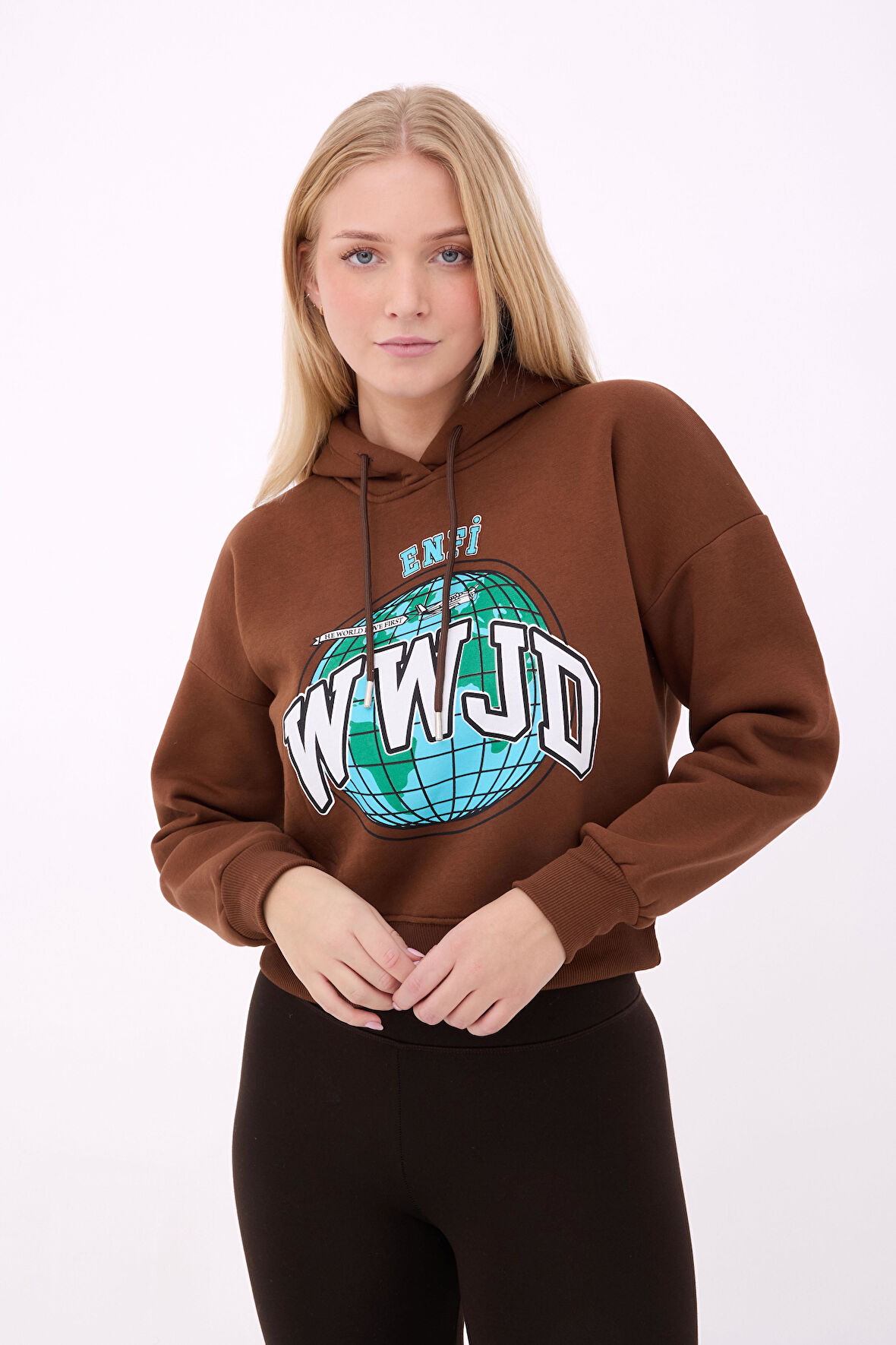 Kadın Kapüşonlu Baskılı Crop Sweatshirt