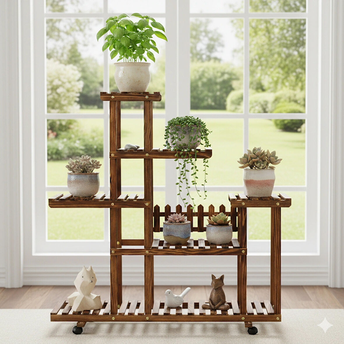 Tekerlekli Saksı Çiçeklik Saksılık Ahşap Çok Katlı Dekoratif Saksı Standı