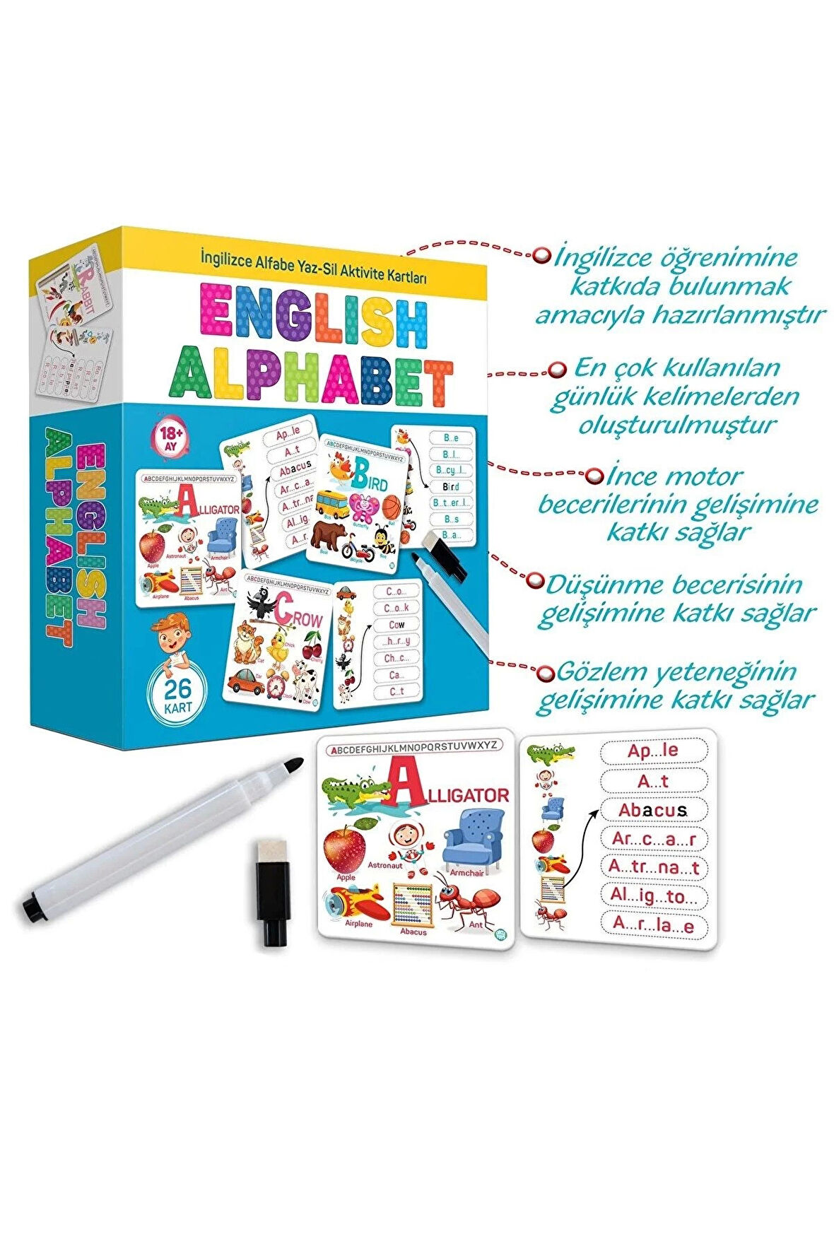 English Alphabet İngilizce Alfabe Yaz-sil Aktivite Kartları Eğitici Öğretici İlk Kelimeler Dil Seti