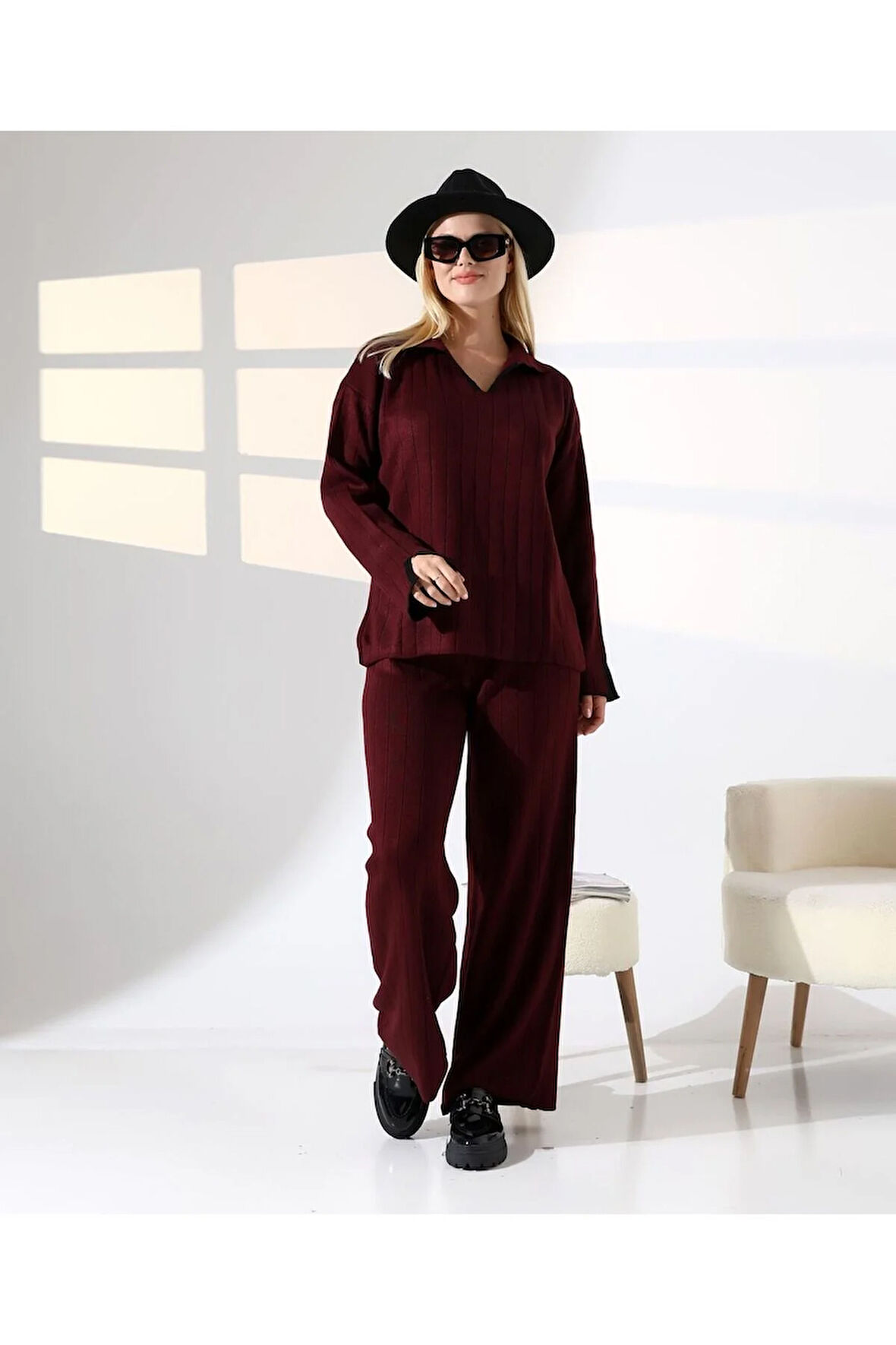 Kol ve Yaka Detay Fitilli Triko Takım