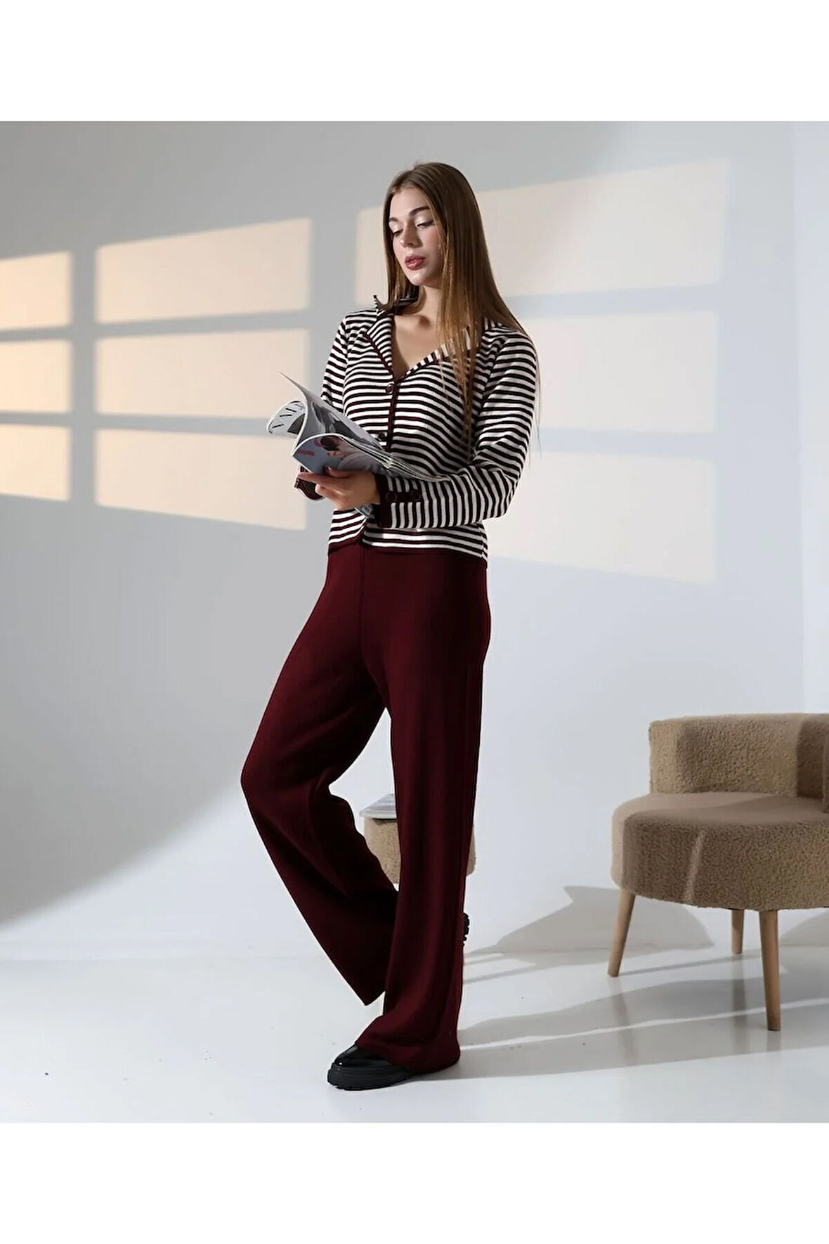 Çizgili Polo Yaka Kadın Triko Takım