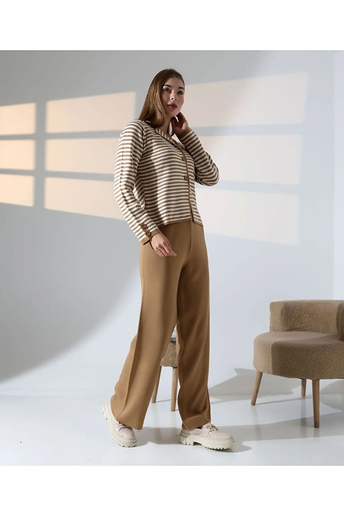 Çizgili Polo Yaka Kadın Triko Takım