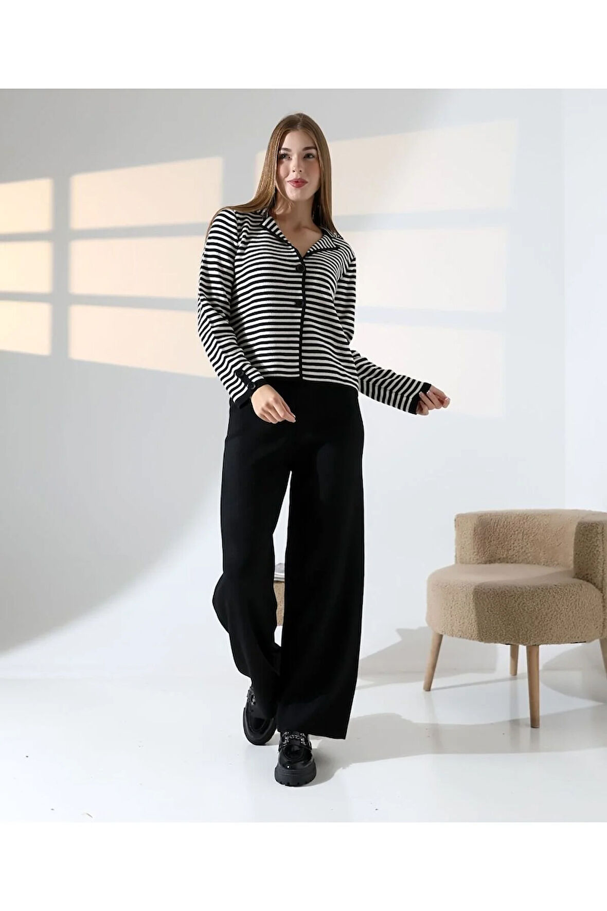 Çizgili Polo Yaka Kadın Triko Takım