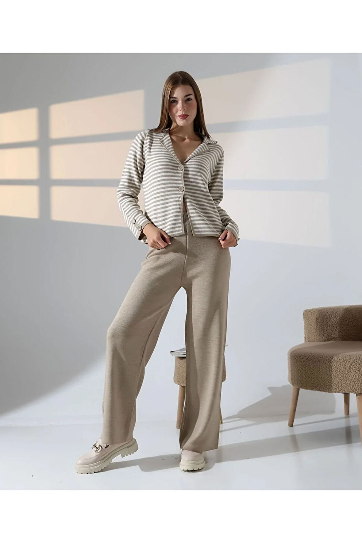 Çizgili Polo Yaka Kadın Triko Takım