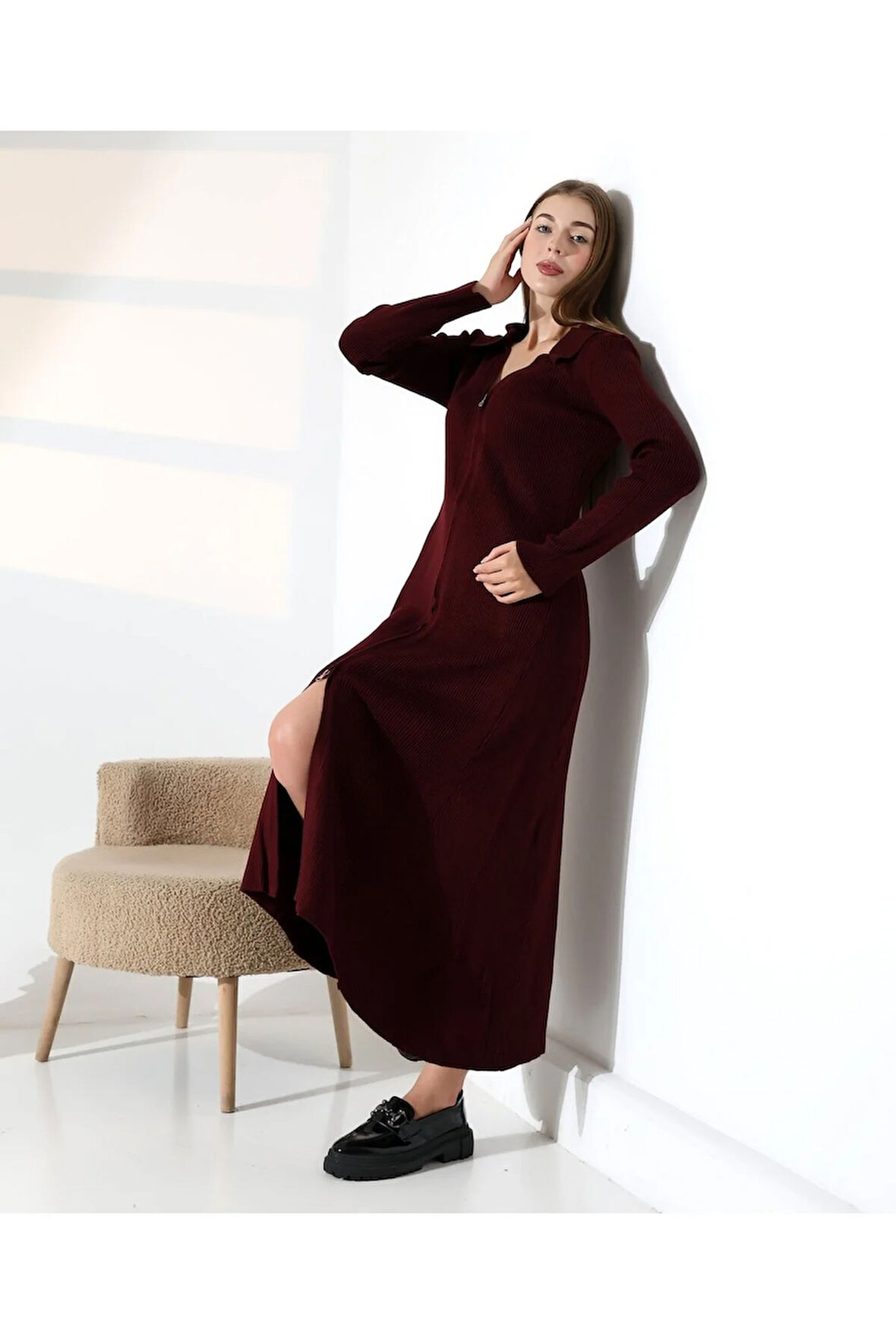 Fermuar Detaylı Polo Yaka Triko Elbise