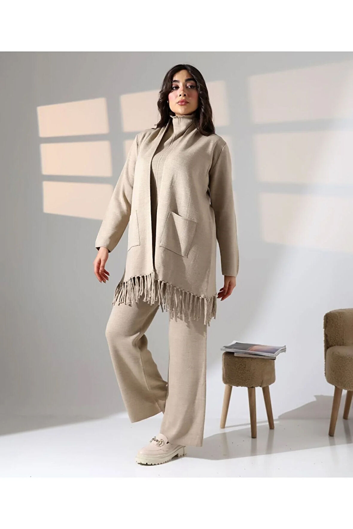 Bohem Şıklık Püskül Detaylı Üçlü Triko Takım