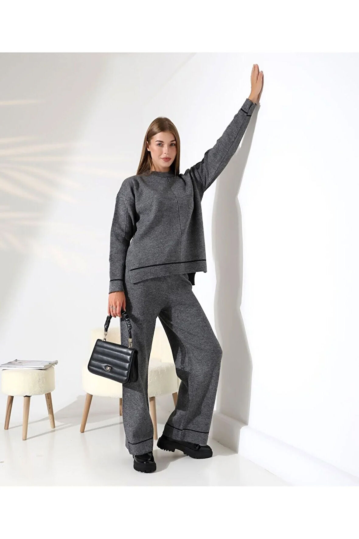 Kontrast Dikişli Kadın Triko Takım